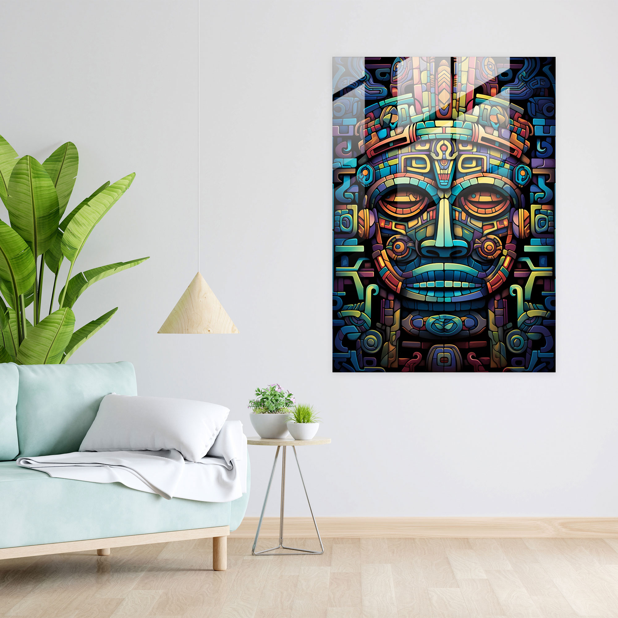Modern Maya Savaşçı Cam Tablosu - Maya Büyüleyici Sanat Eseri Çağdaş Tasarım Maya Ev Dekorasyonu