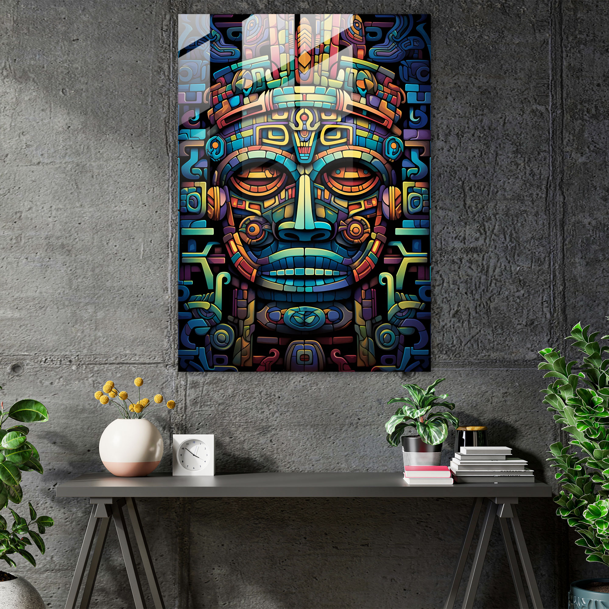 Modern Maya Savaşçı Cam Tablosu - Maya Büyüleyici Sanat Eseri Çağdaş Tasarım Maya Ev Dekorasyonu