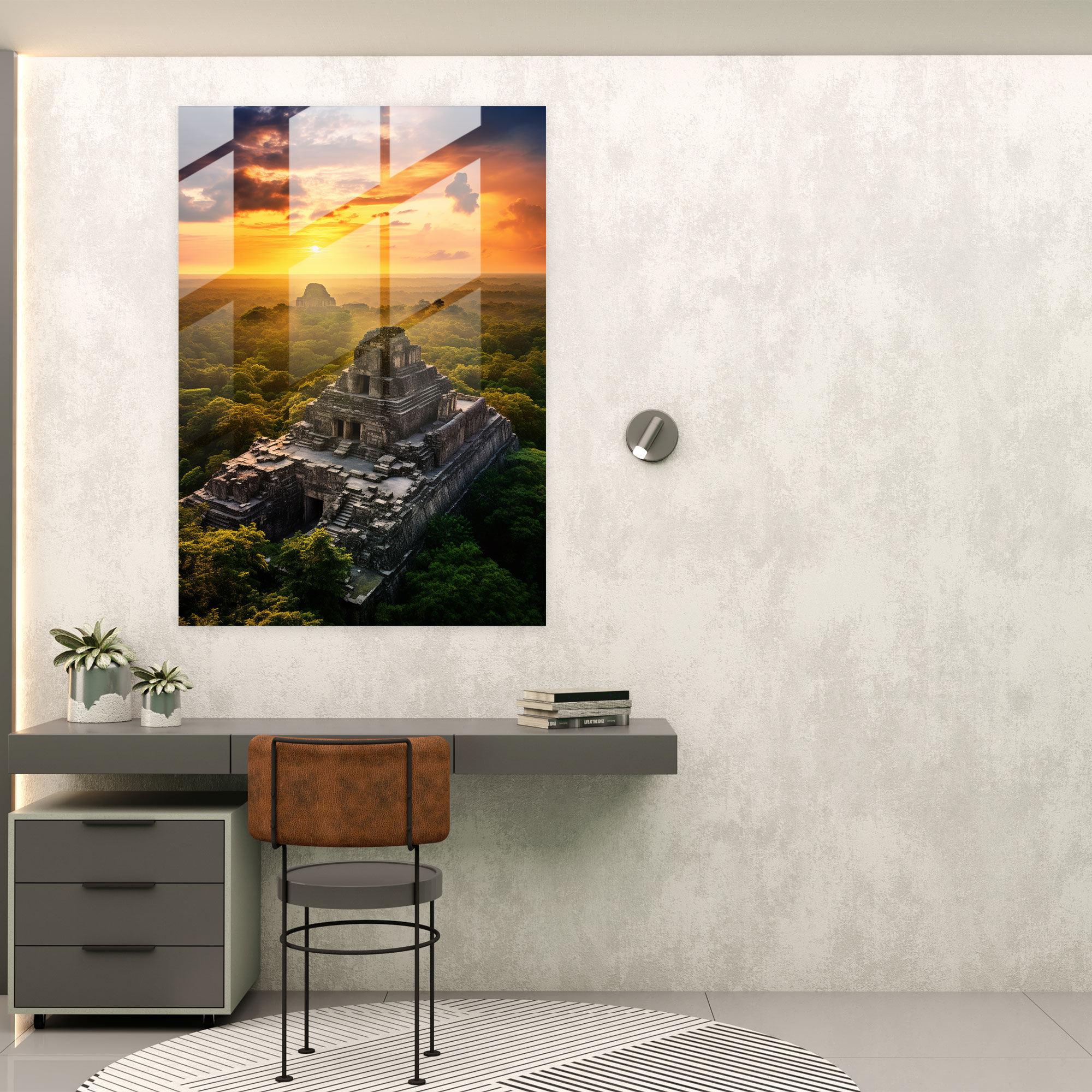 Mayan Glass Wall Art: Aerial View Of Ruins - Mayan, Home Decoration, Glass Wall Art, Sunset