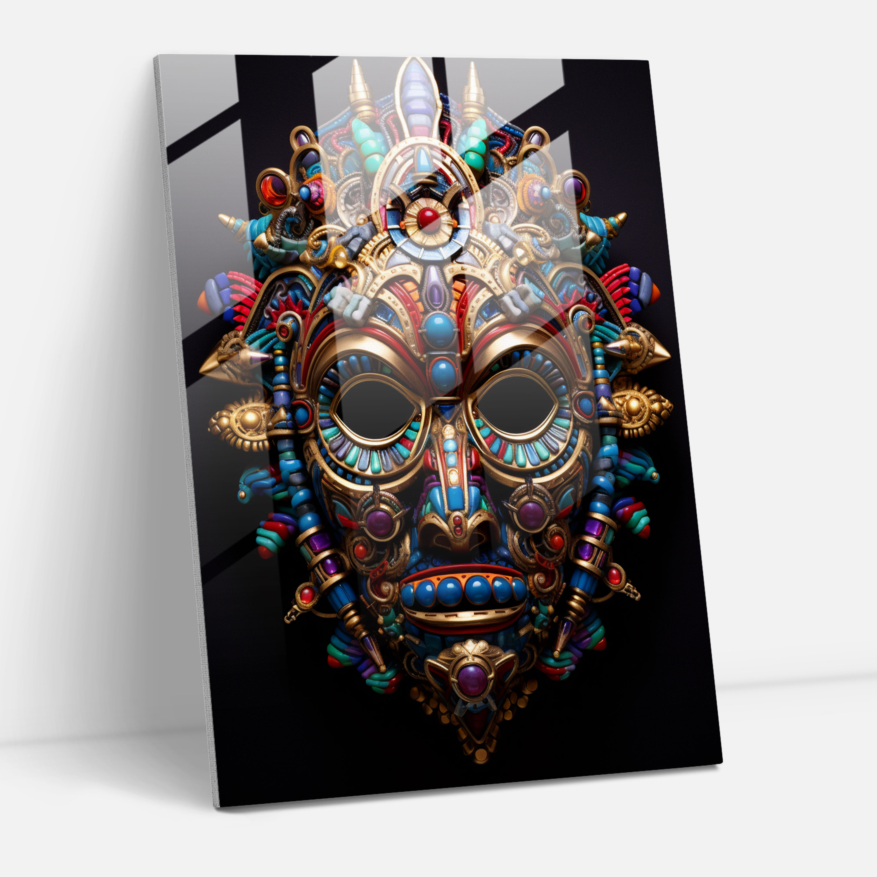 Mayan Glass Wall Art: Mystical Gemstone Mask - Mayan, Mayan Mask, Glass Art, Glass Print