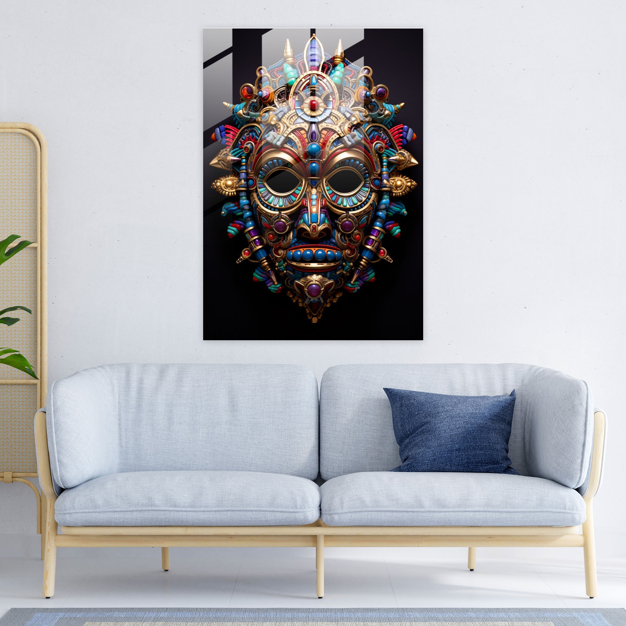 Mayan Glass Wall Art: Mystical Gemstone Mask - Mayan, Mayan Mask, Glass Art, Glass Print