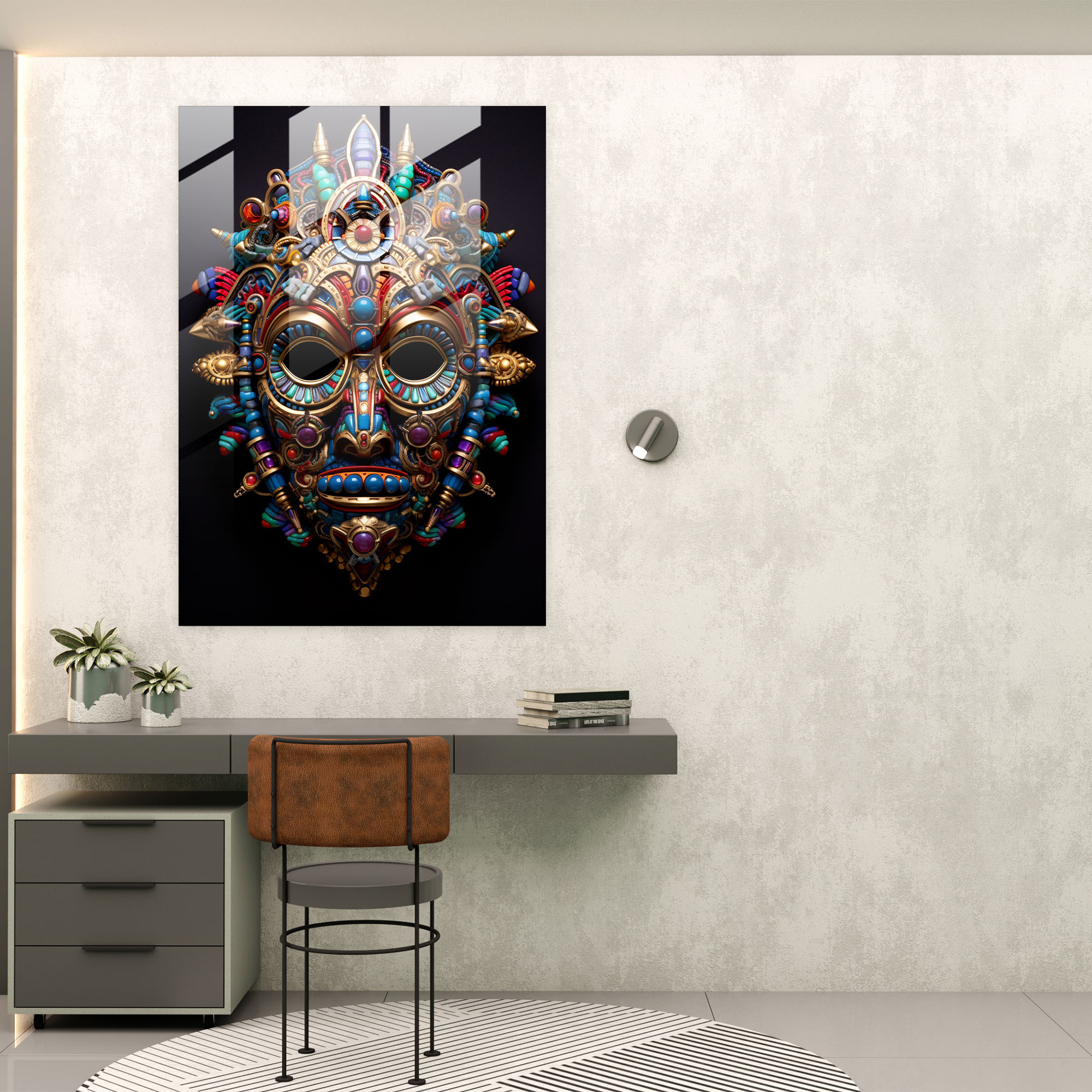 Mayan Glass Wall Art: Mystical Gemstone Mask - Mayan, Mayan Mask, Glass Art, Glass Print