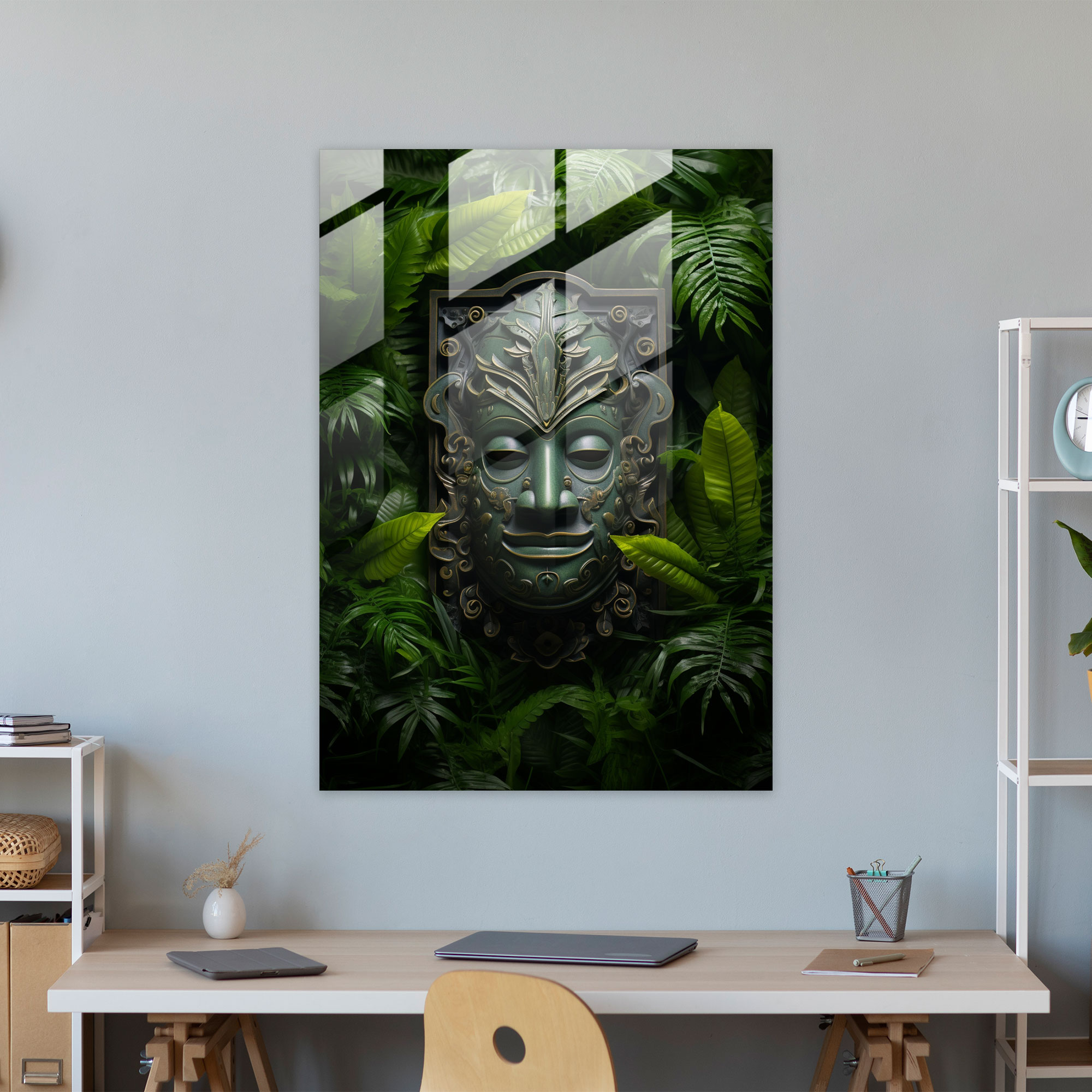 Mayan Glass Wall Art: Intricate Jade Mask - Mayan, Home Decoration, Glass Art, Wall Decoration