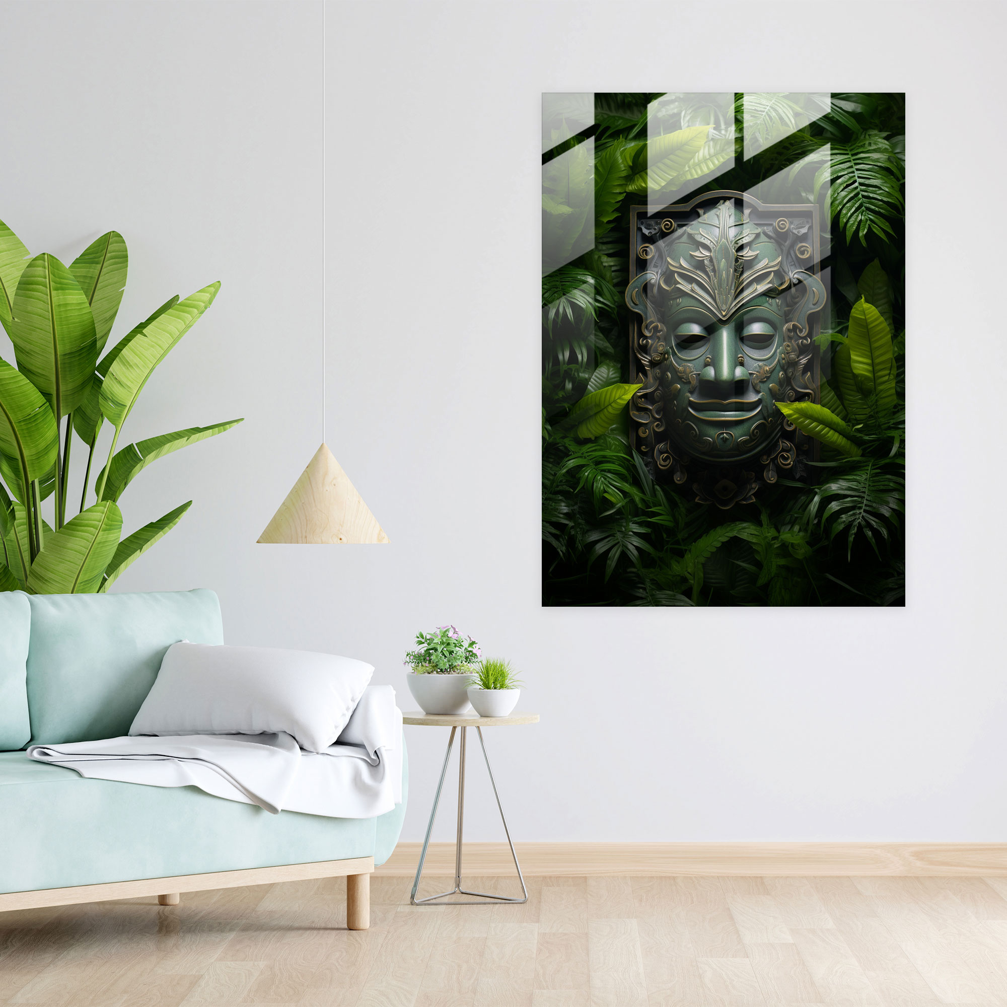 Mayan Glass Wall Art: Intricate Jade Mask - Mayan, Home Decoration, Glass Art, Wall Decoration