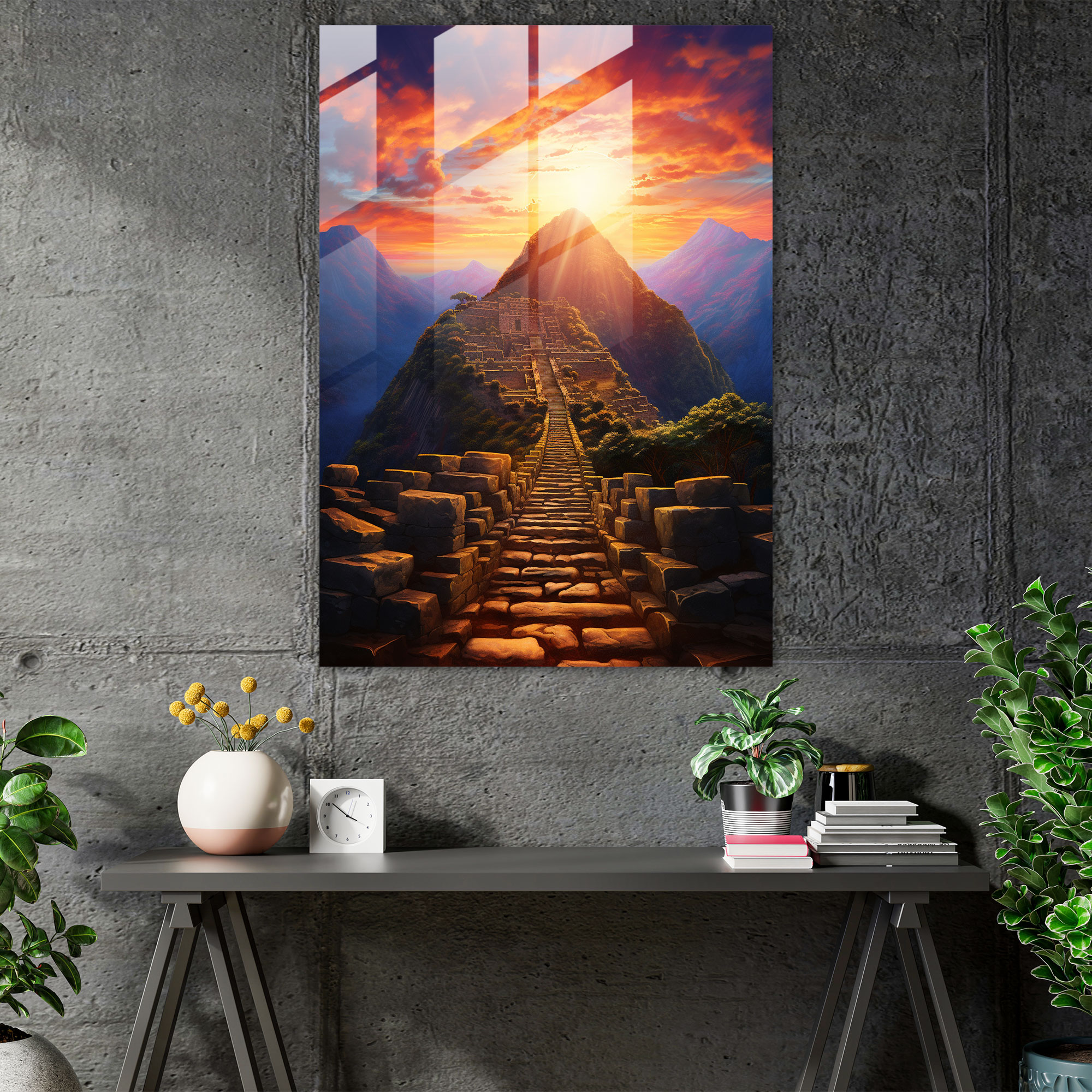 Inca Civilization Glass Wall Art - Vibrant Temple At Sunset Home Decoration - Mayan, Glass Wall Art, Home Decoration, Glass Art