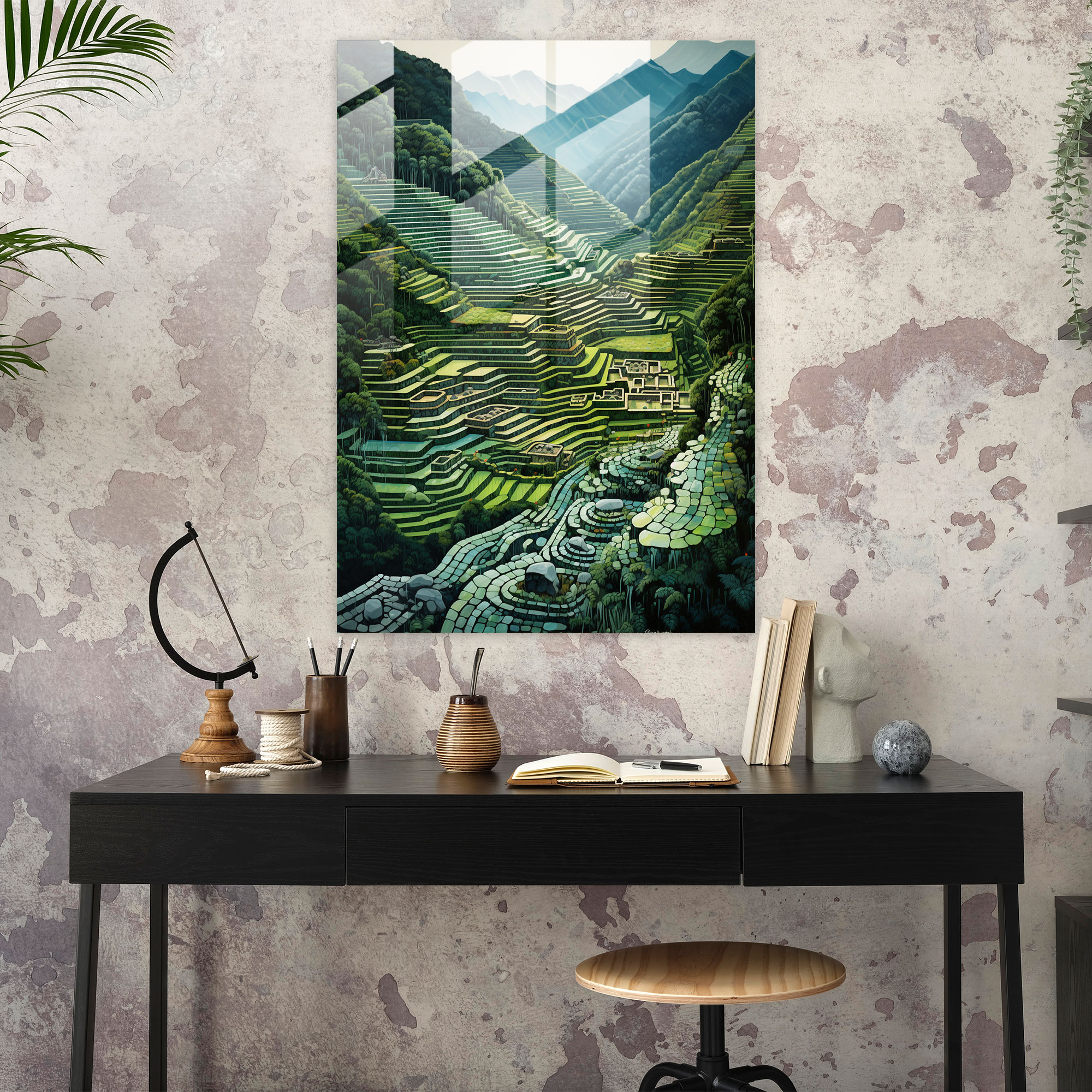 Inca Civilization Glass Print - Contemporary Terraced Fields Wall Decoration - Mayan, Inca Civilization, Modern Art, Glass Print
