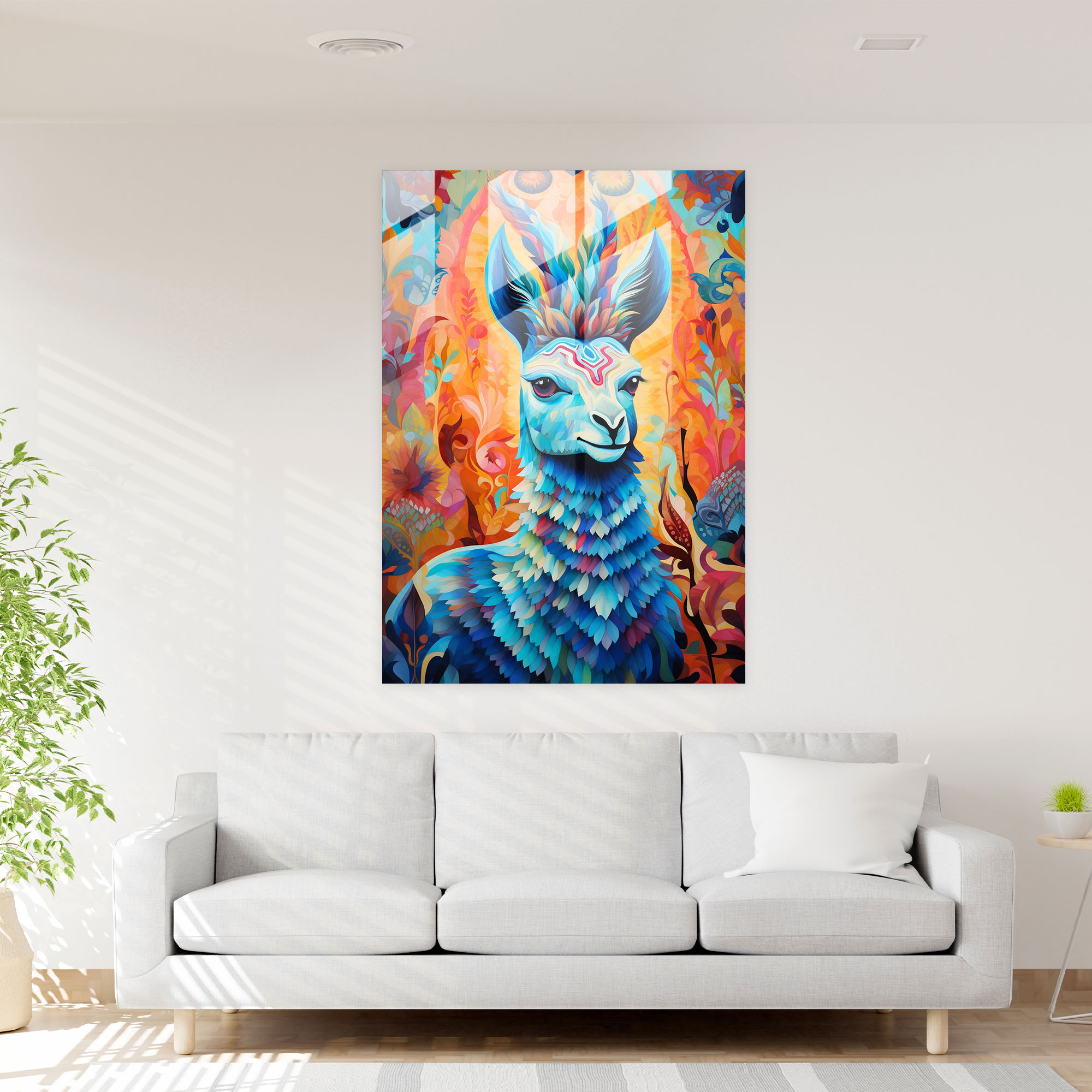 Inca Civilization Glass Wall Art - Whimsical Llama In Decorative Patterns Home Decoration - Mayan, Modern Art, Home Decoration, Glass Wall Art
