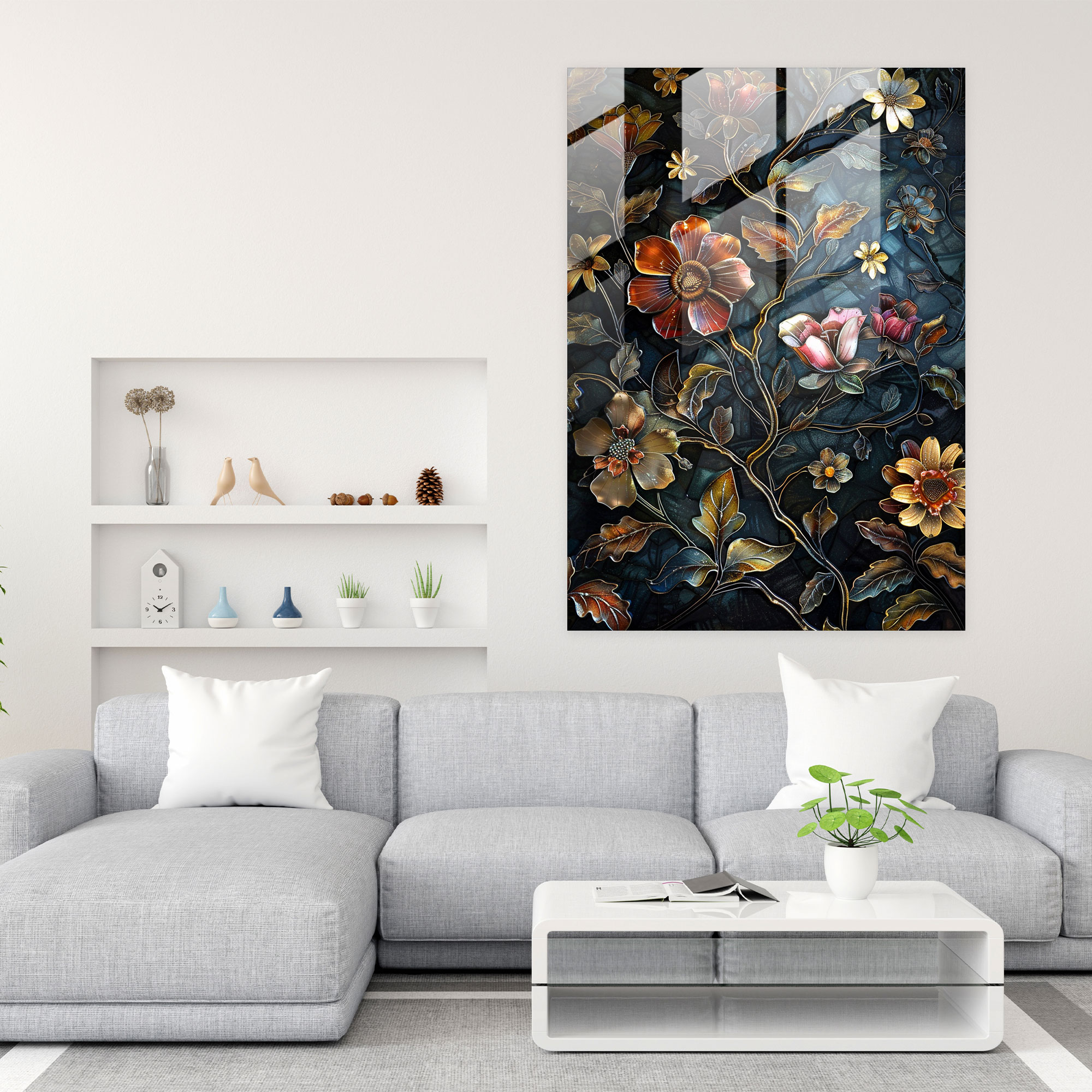 İnce İşlemeli Çiçek Desenli Cam Tablo Sanatı - Mannerism Cam Tablo Ev Dekorasyonu Modern Sanat