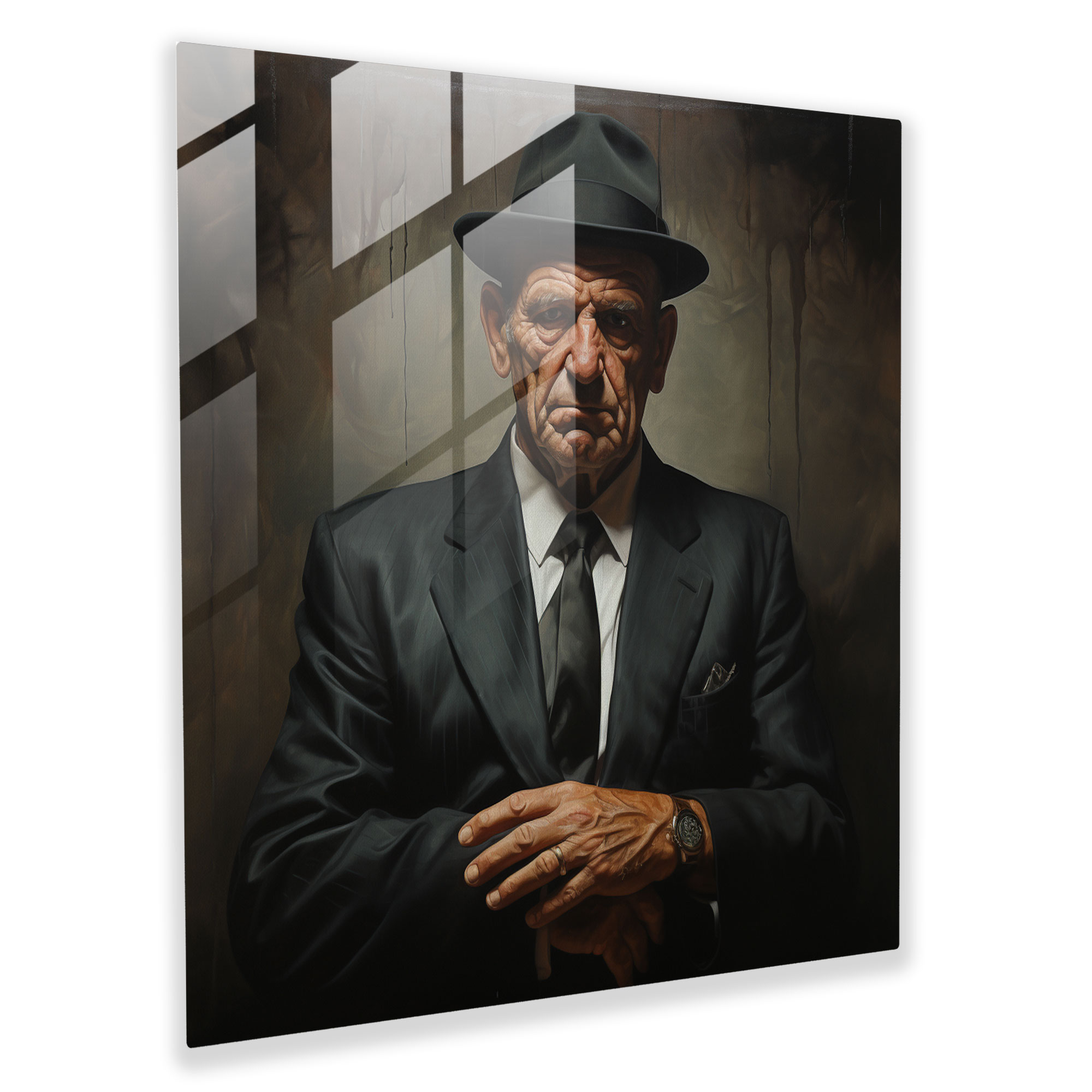Unyielding Gaze - Realistic Mafia Enforcer Glass Print
