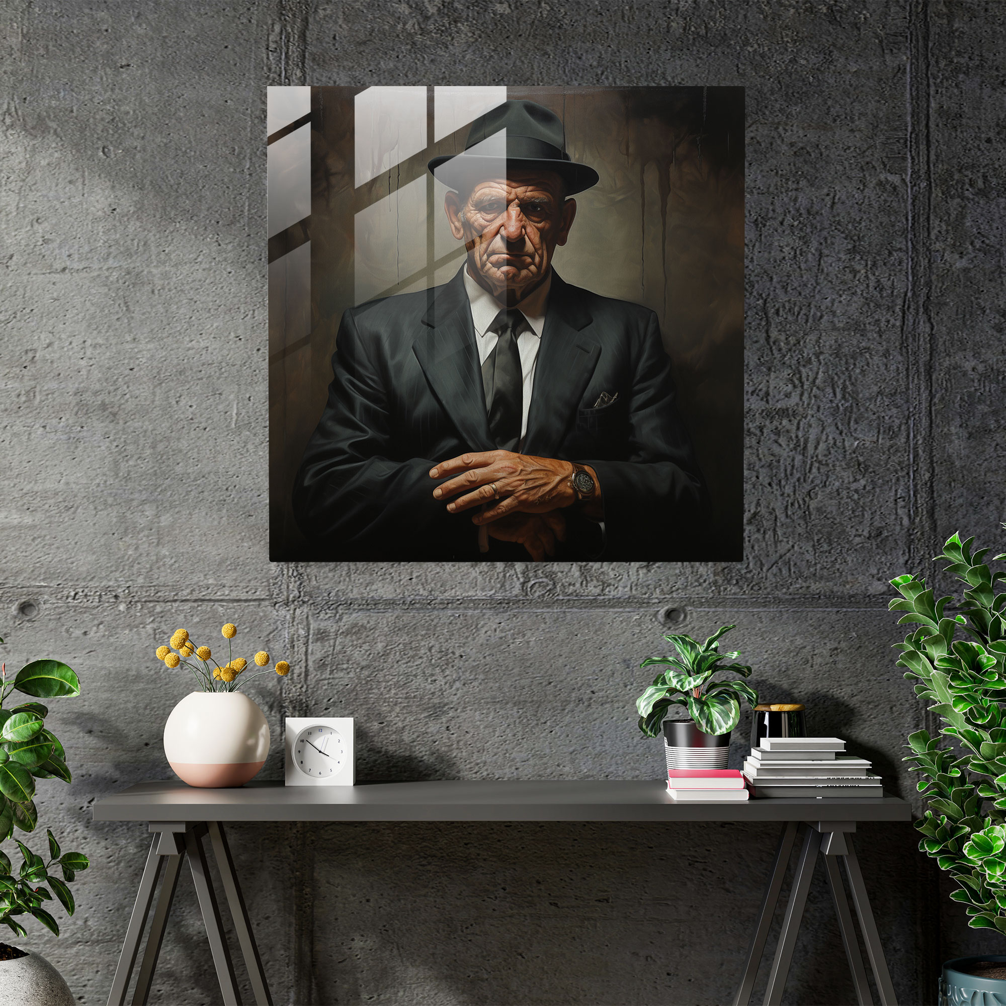Unyielding Gaze - Realistic Mafia Enforcer Glass Print