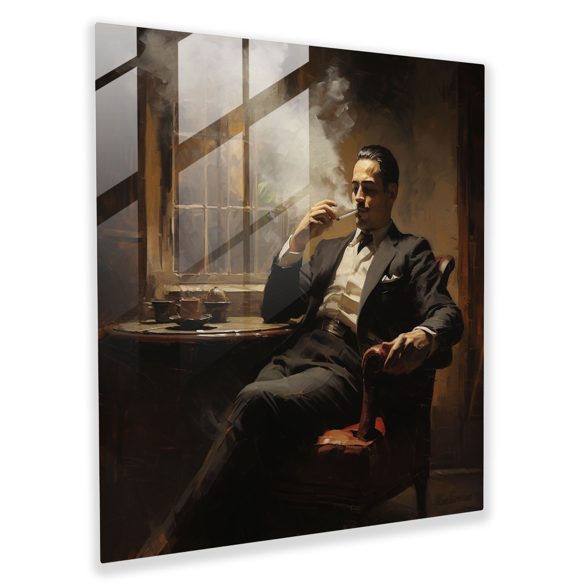 Ineffable Impressionist Glass Print of Mafia Boss Smoking a Cigar in Dimly Lit Room