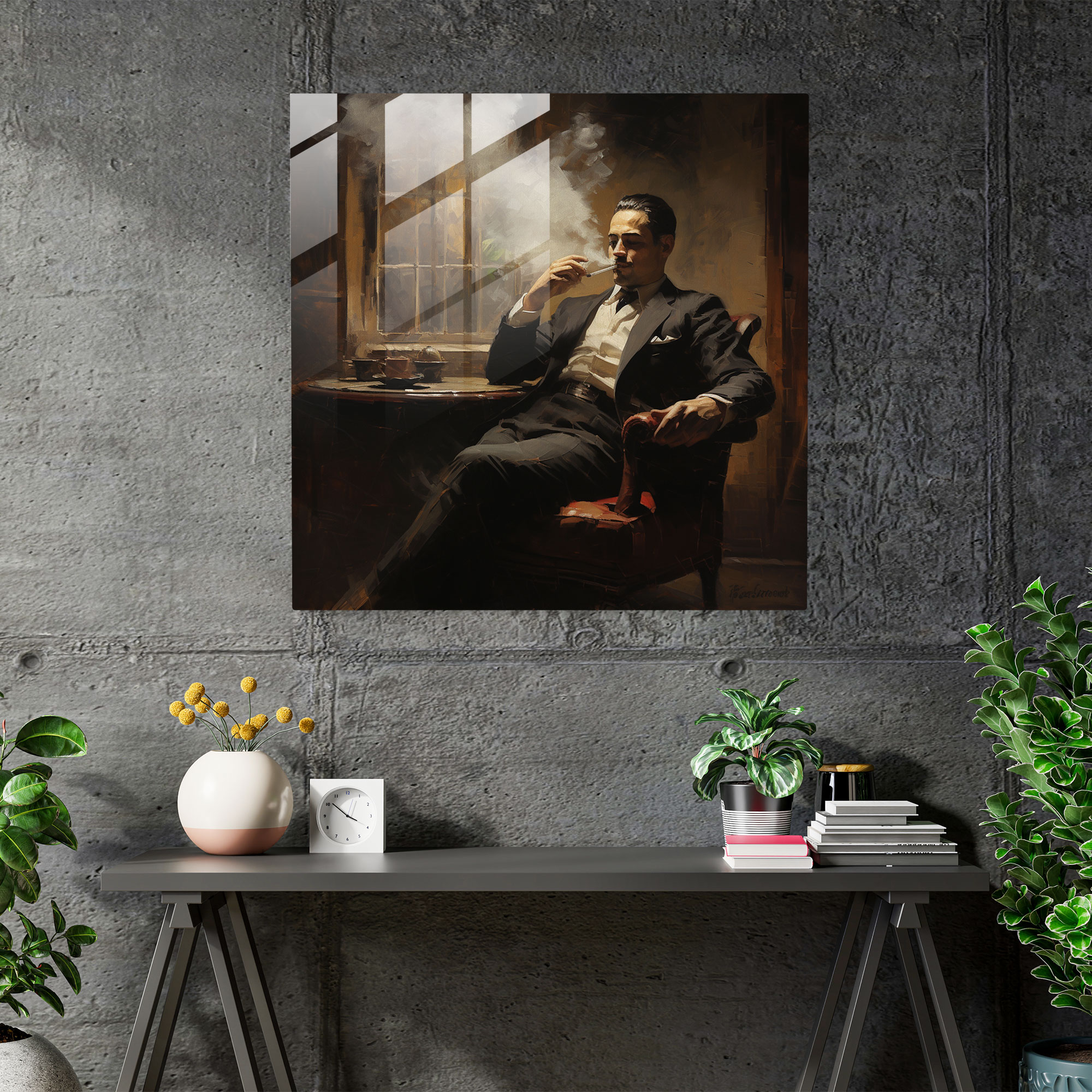 Ineffable Impressionist Glass Print of Mafia Boss Smoking a Cigar in Dimly Lit Room