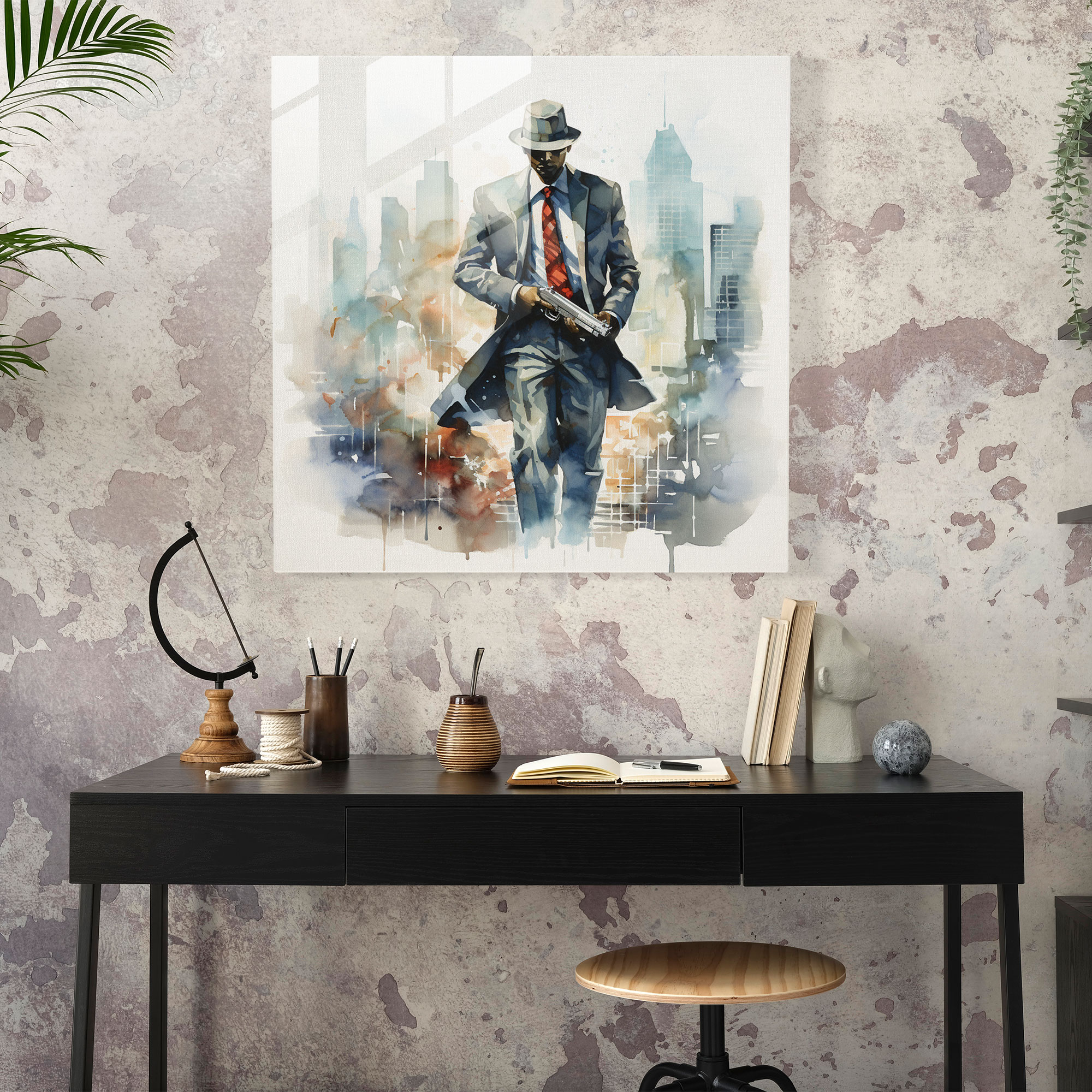 Vibrant Abstract Glass Print of Mobster Holding Briefcase near City Skyline
