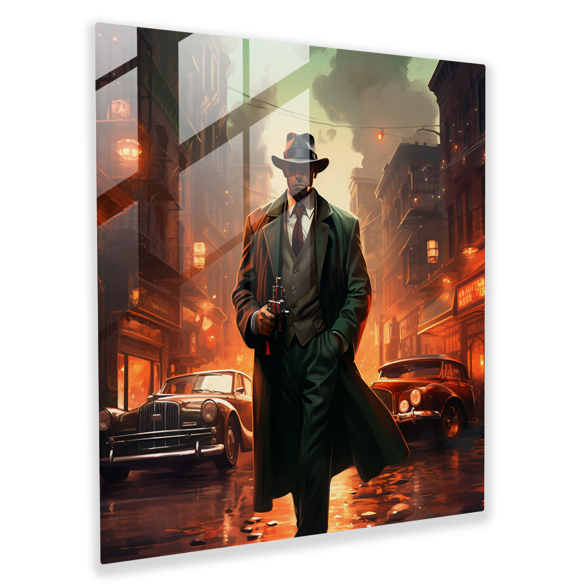Enigmatic Surreal Glass Print of Fedora-Wearing Enforcer with Tommy Gun on Twisted City Street