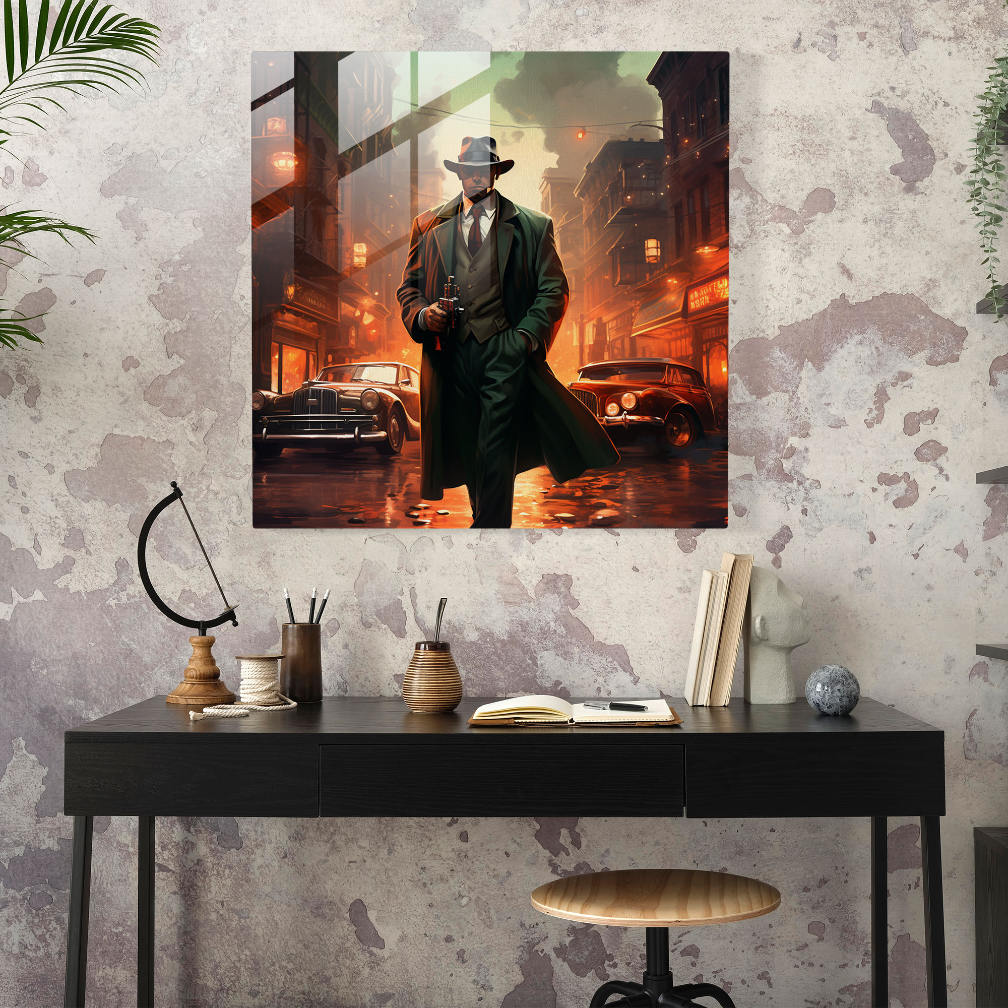 Enigmatic Surreal Glass Print of Fedora-Wearing Enforcer with Tommy Gun on Twisted City Street