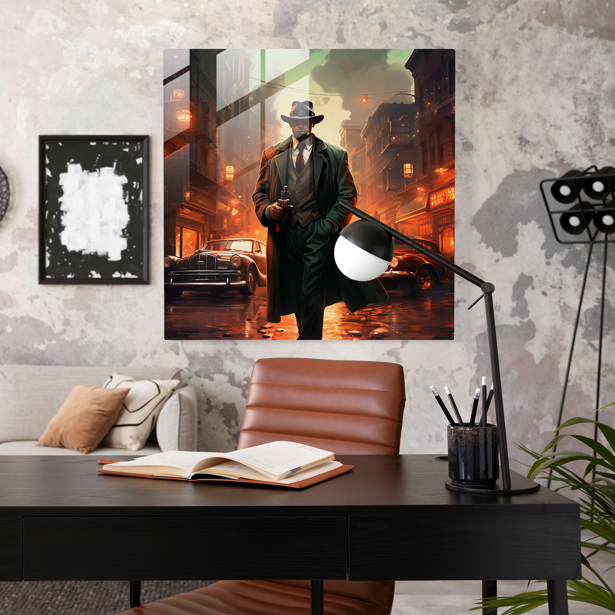 Enigmatic Surreal Glass Print of Fedora-Wearing Enforcer with Tommy Gun on Twisted City Street