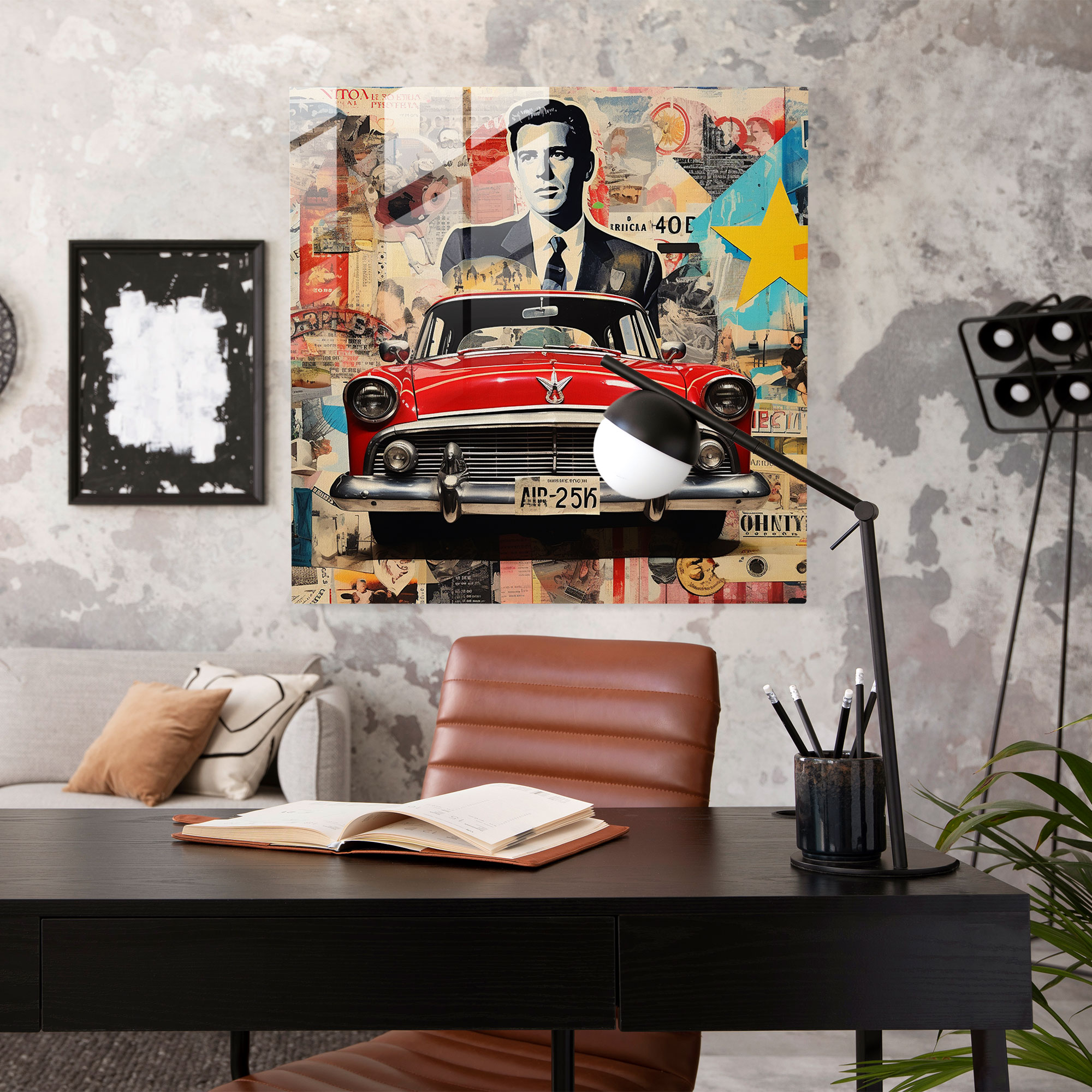 Pop Art Tarzında Canlı Cam Tablo: Eski Araba ve Mafya Simgeleriyle Çevrili