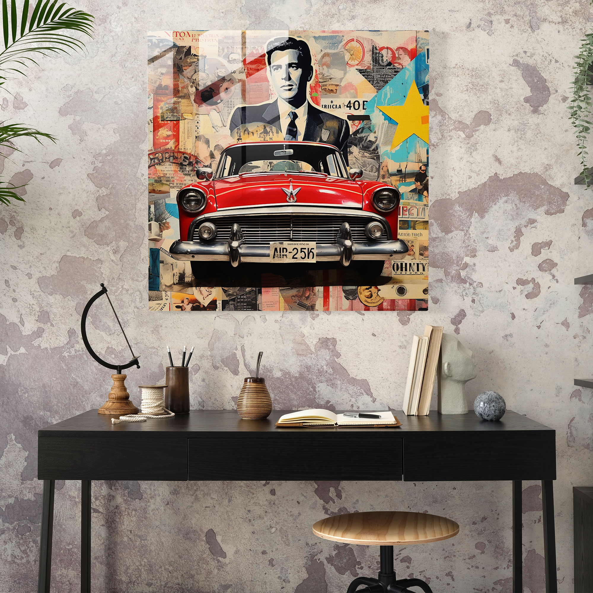 Pop Art Tarzında Canlı Cam Tablo: Eski Araba ve Mafya Simgeleriyle Çevrili