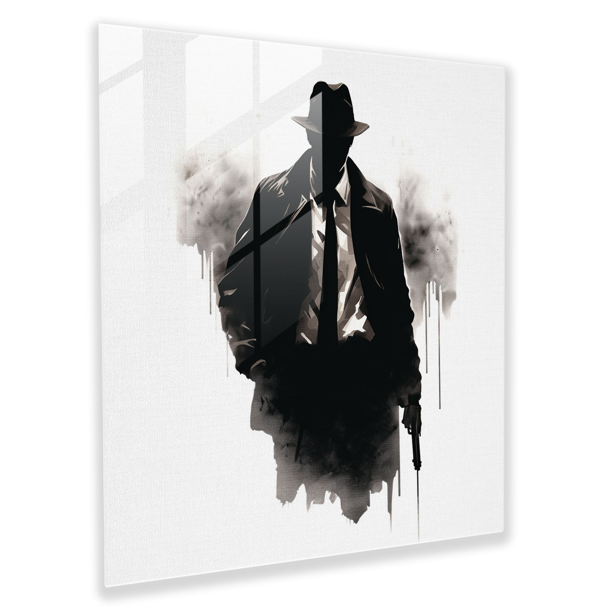 Sophisticated Minimalist Glass Print of Silhouette of Mafia Boss in Tailored Suit