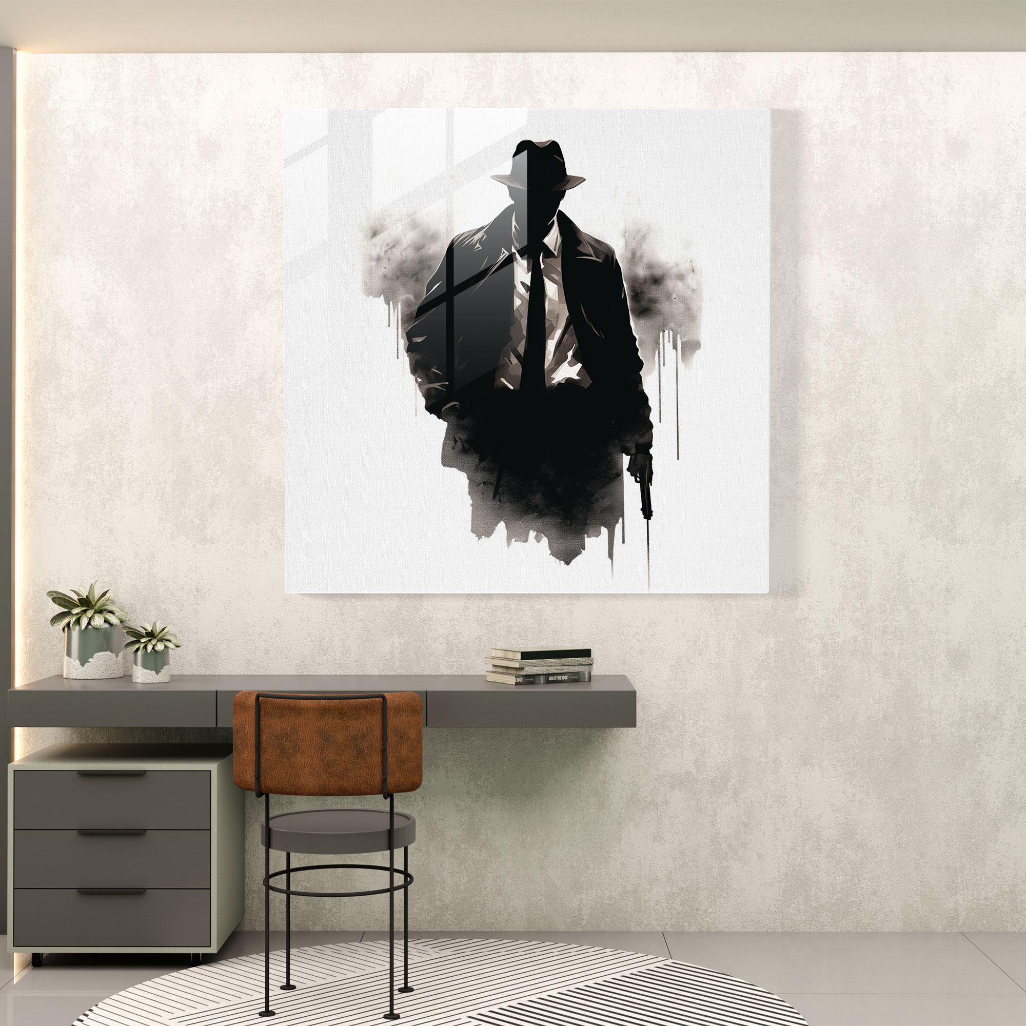 Sophisticated Minimalist Glass Print of Silhouette of Mafia Boss in Tailored Suit