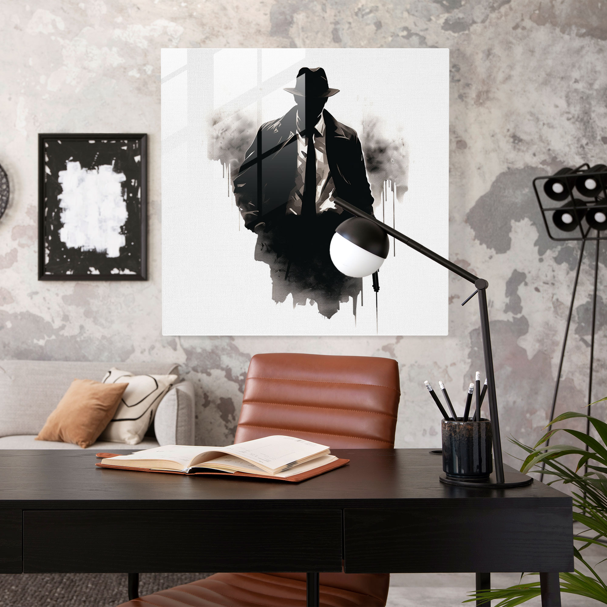 Sophisticated Minimalist Glass Print of Silhouette of Mafia Boss in Tailored Suit