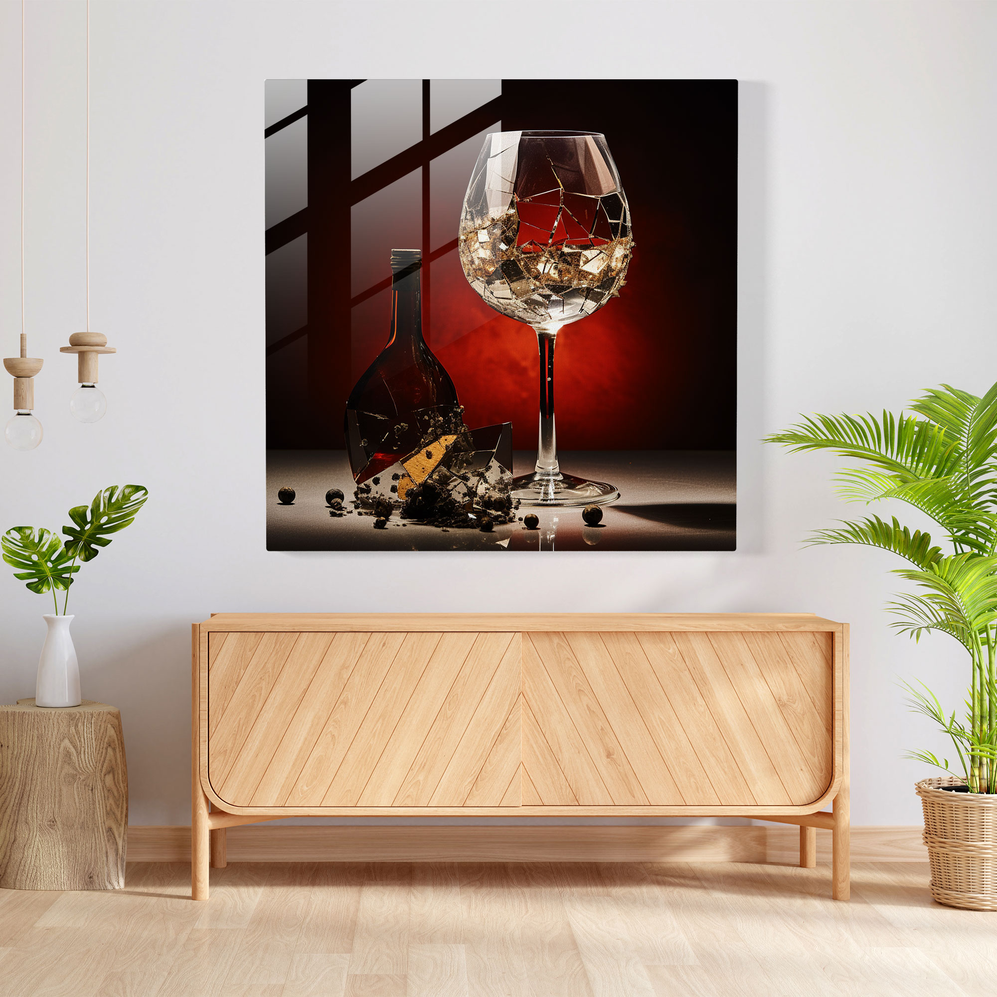 Evocative Abstract Glass Print of Bullet-Riddled Wine Glass Symbolizing Mafia's Influence
