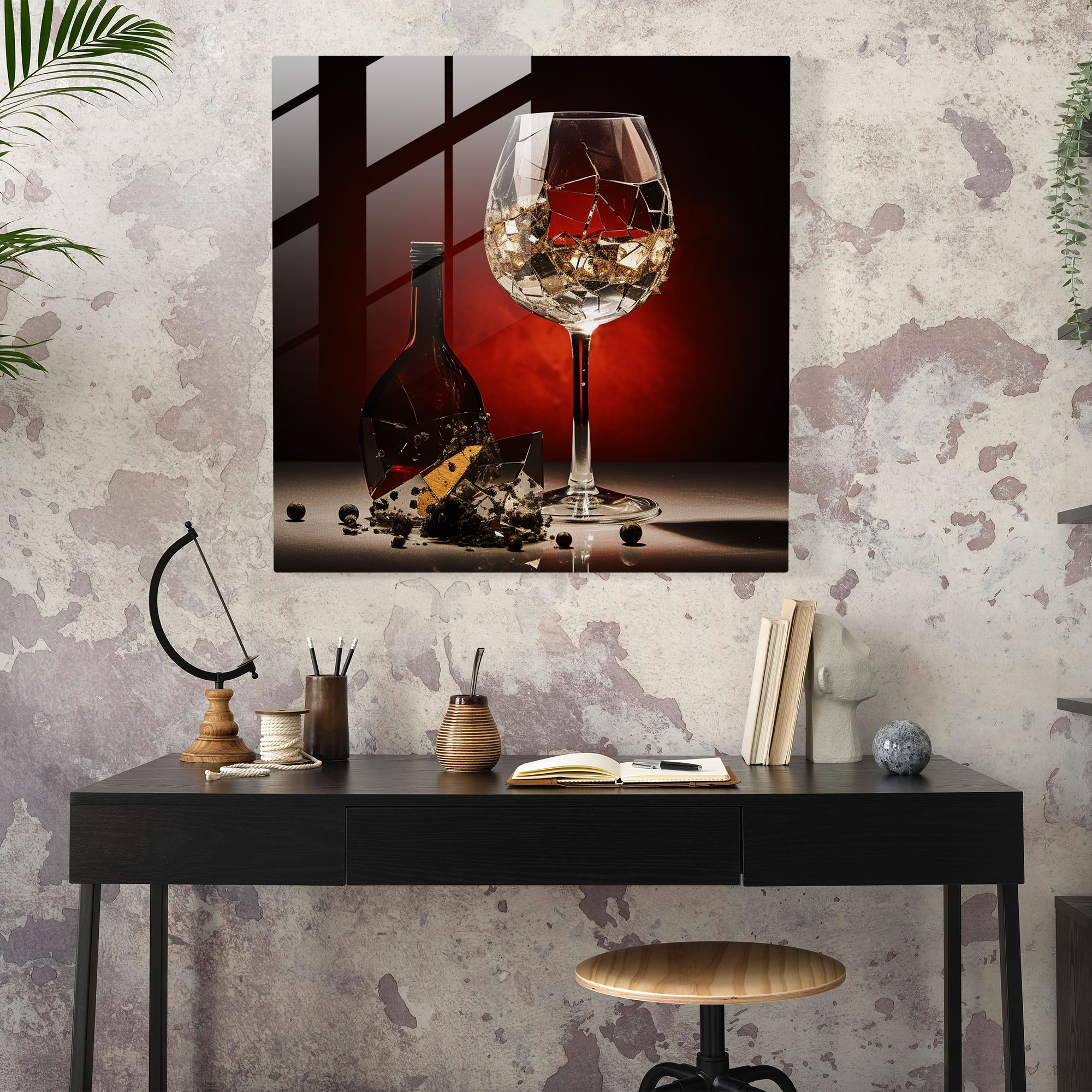 Evocative Abstract Glass Print of Bullet-Riddled Wine Glass Symbolizing Mafia's Influence