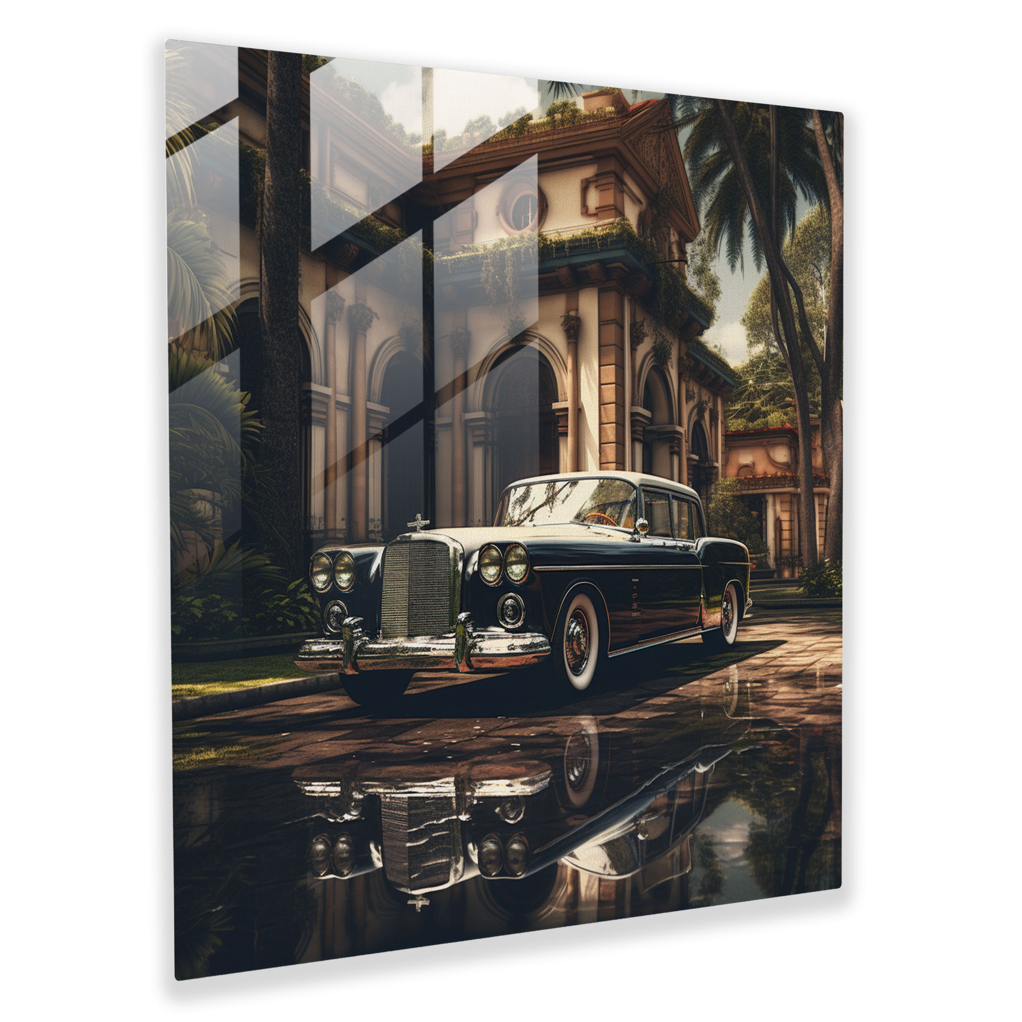 Captivating Photorealistic Glass Print of Vintage Mafia Car Parked in Front of Grand Mansion