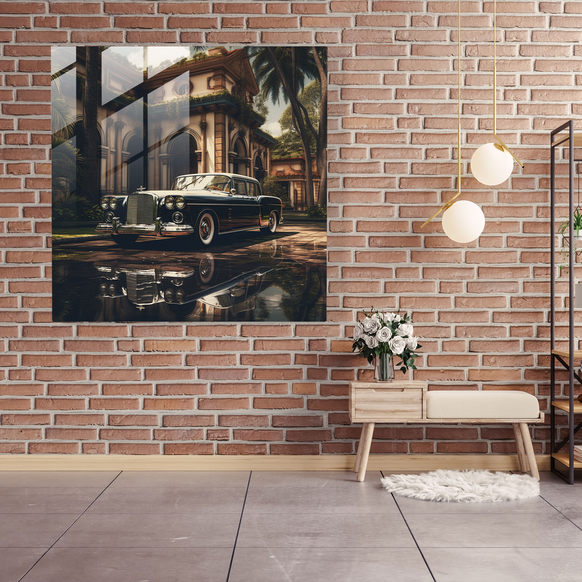 Captivating Photorealistic Glass Print of Vintage Mafia Car Parked in Front of Grand Mansion
