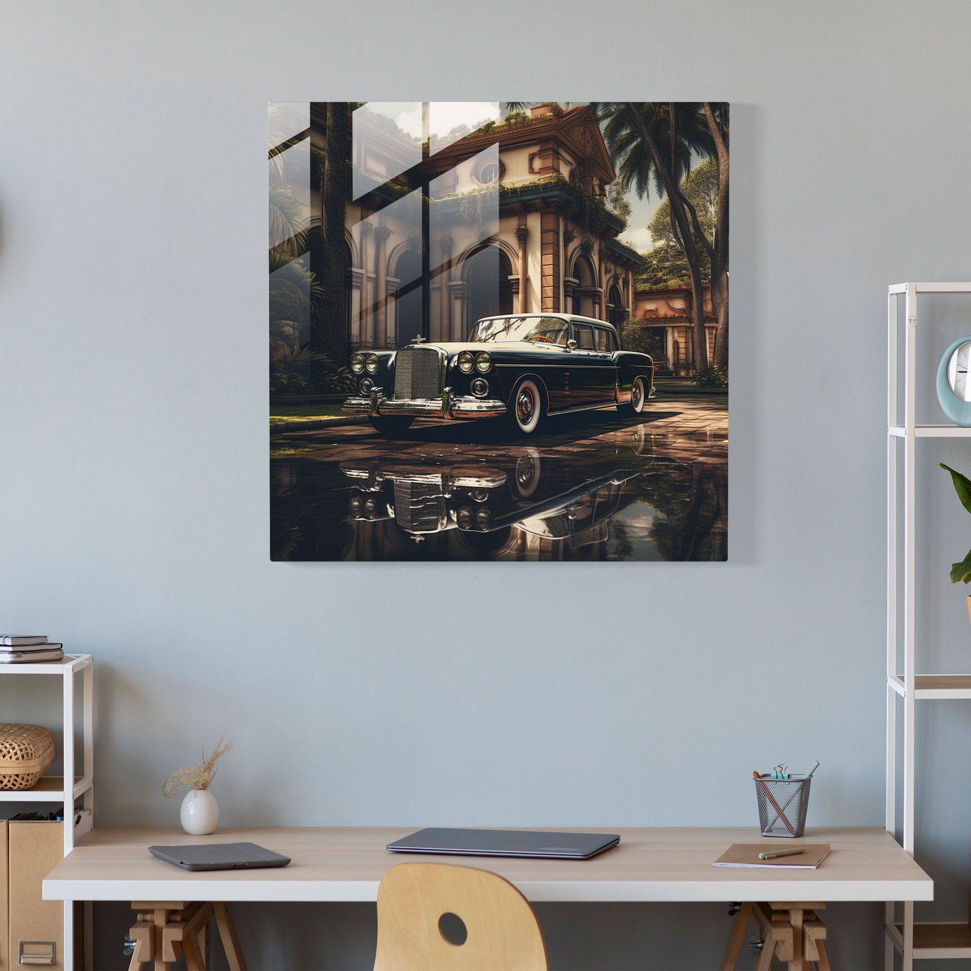 Captivating Photorealistic Glass Print of Vintage Mafia Car Parked in Front of Grand Mansion