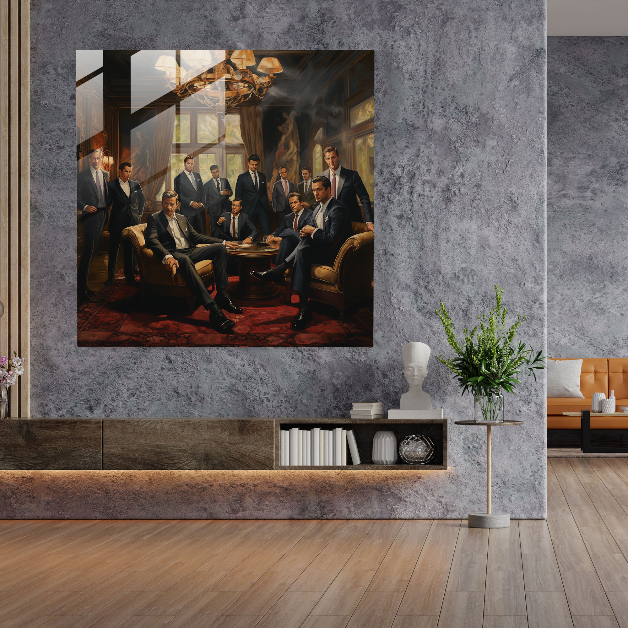 Transcendent Impressions Glass Print - Elite Mob Gathering in Opulent Surroundings - Glass Wall Art