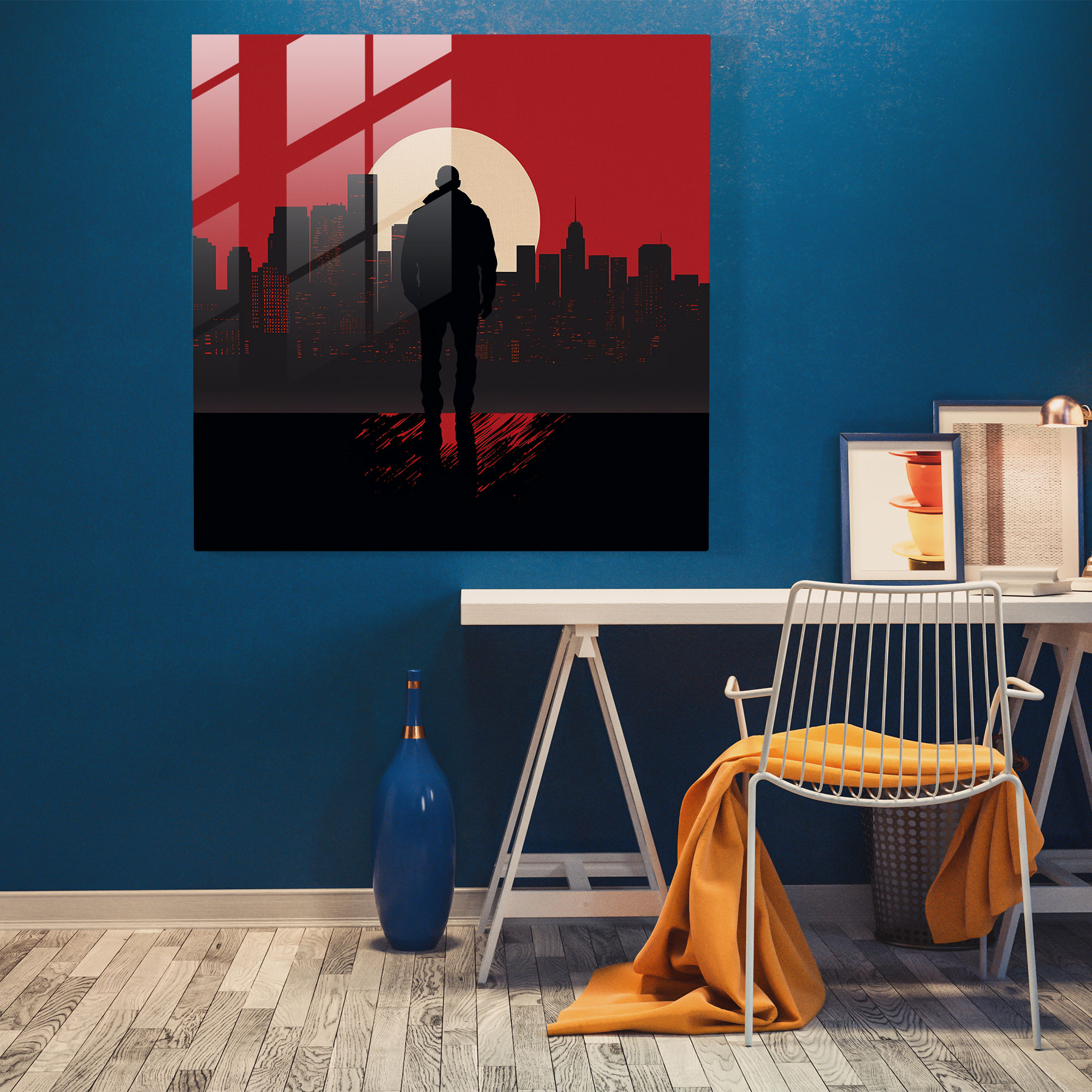 Sleek Silhouettes Glass Print - Urban Gangster Against City Skyline - Home Decoration with Glass Wall Art