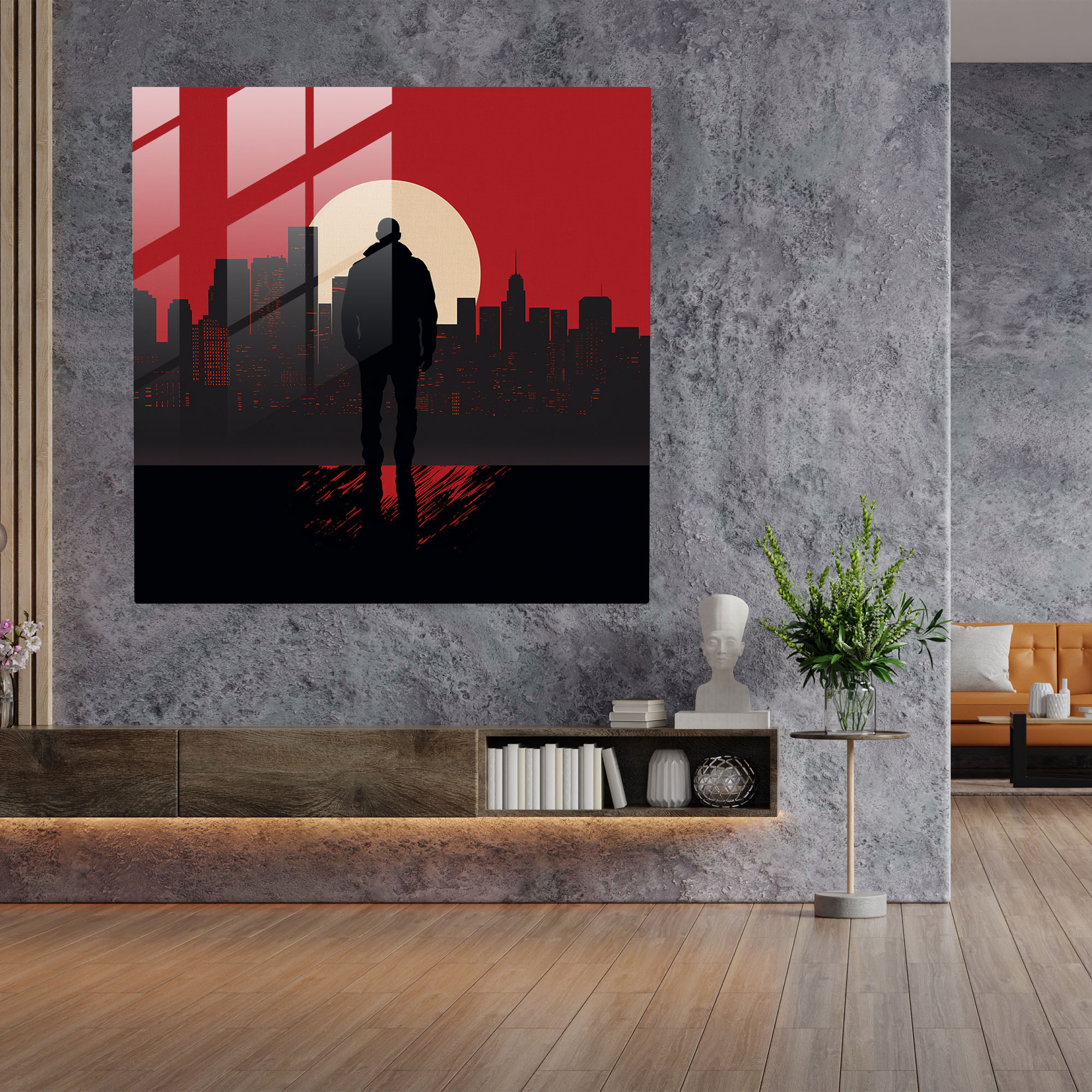 Sleek Silhouettes Glass Print - Urban Gangster Against City Skyline - Home Decoration with Glass Wall Art