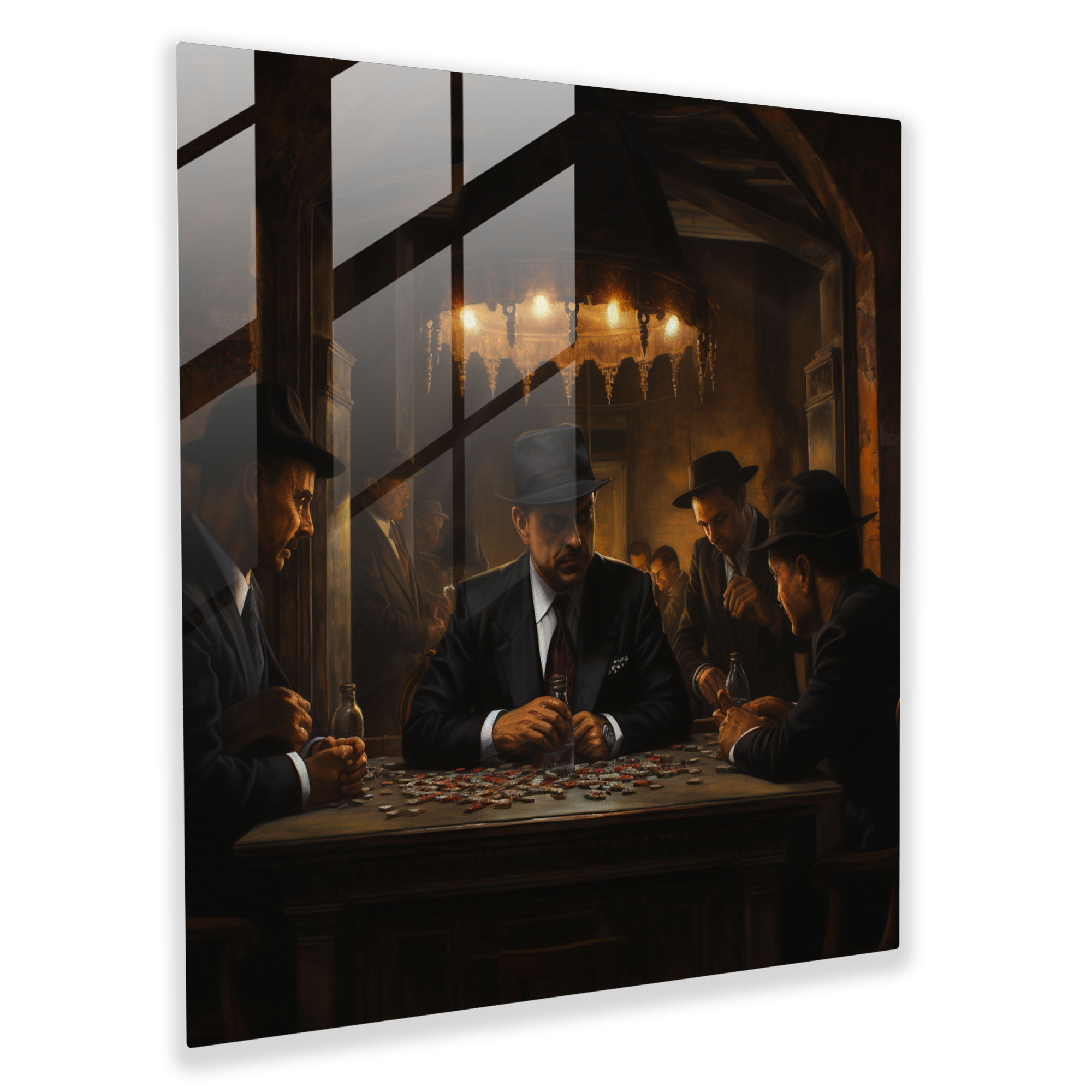 Evocative Glass Print of Mafia Boss in Italian Restaurant