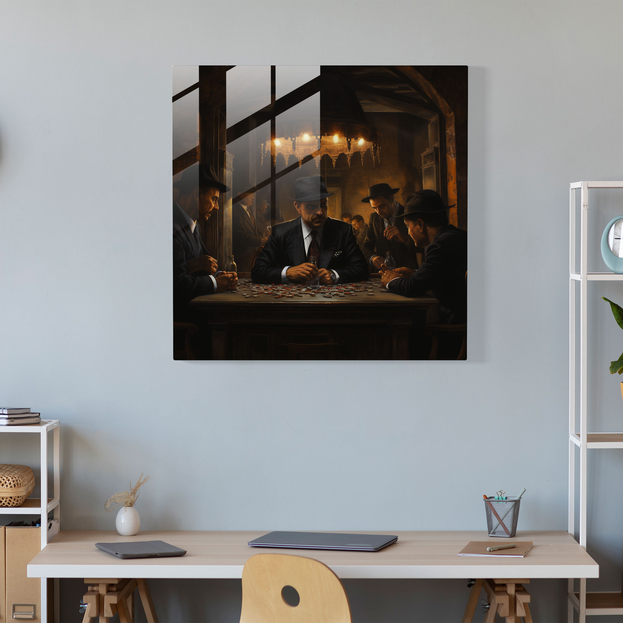 Evocative Glass Print of Mafia Boss in Italian Restaurant