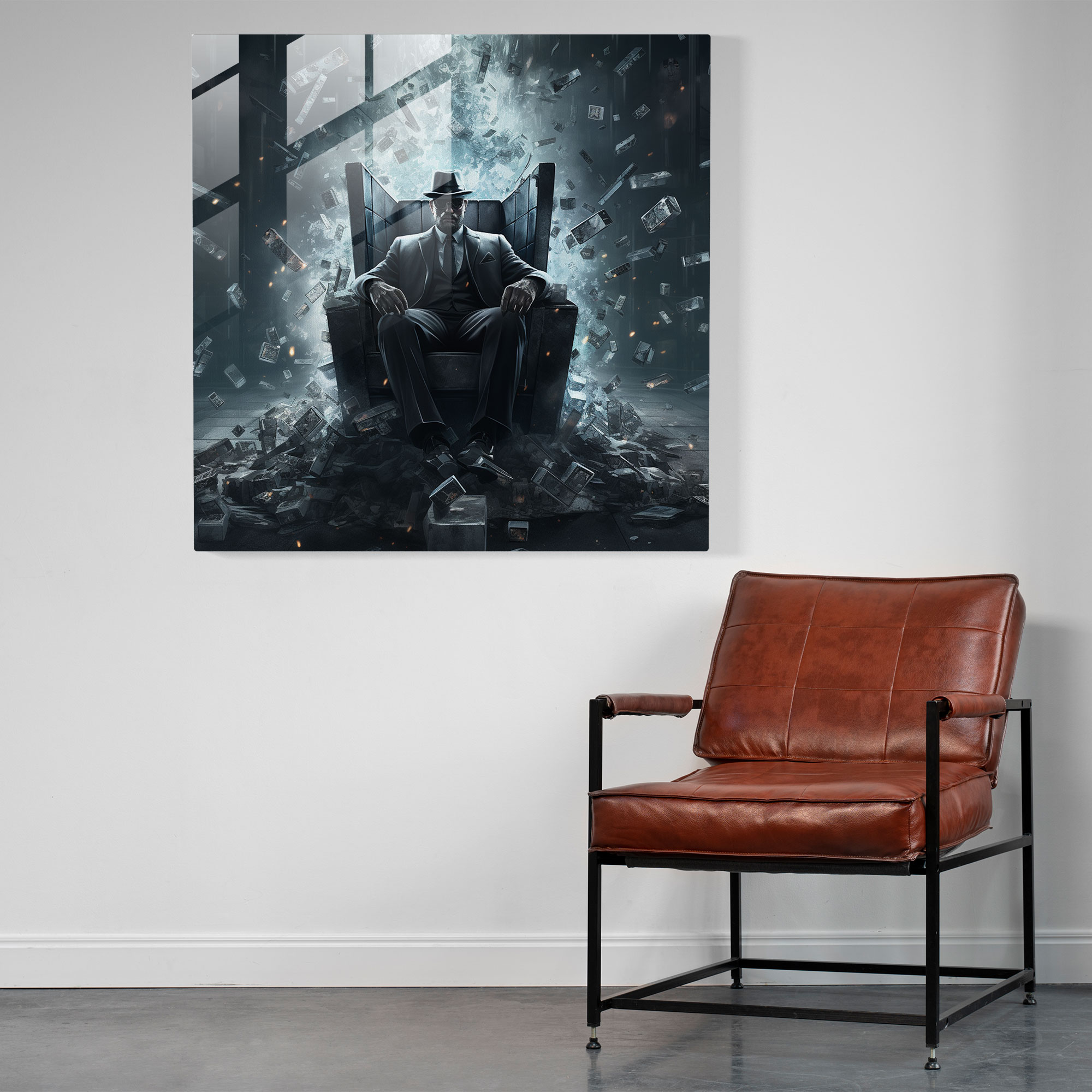 Transcendent Reflections - Glass Print of Mafia Boss on Shattered Glass Throne - Surreal Wall Decoration - Home Decoration, Glass Art, Wall Decor, Glass Prints