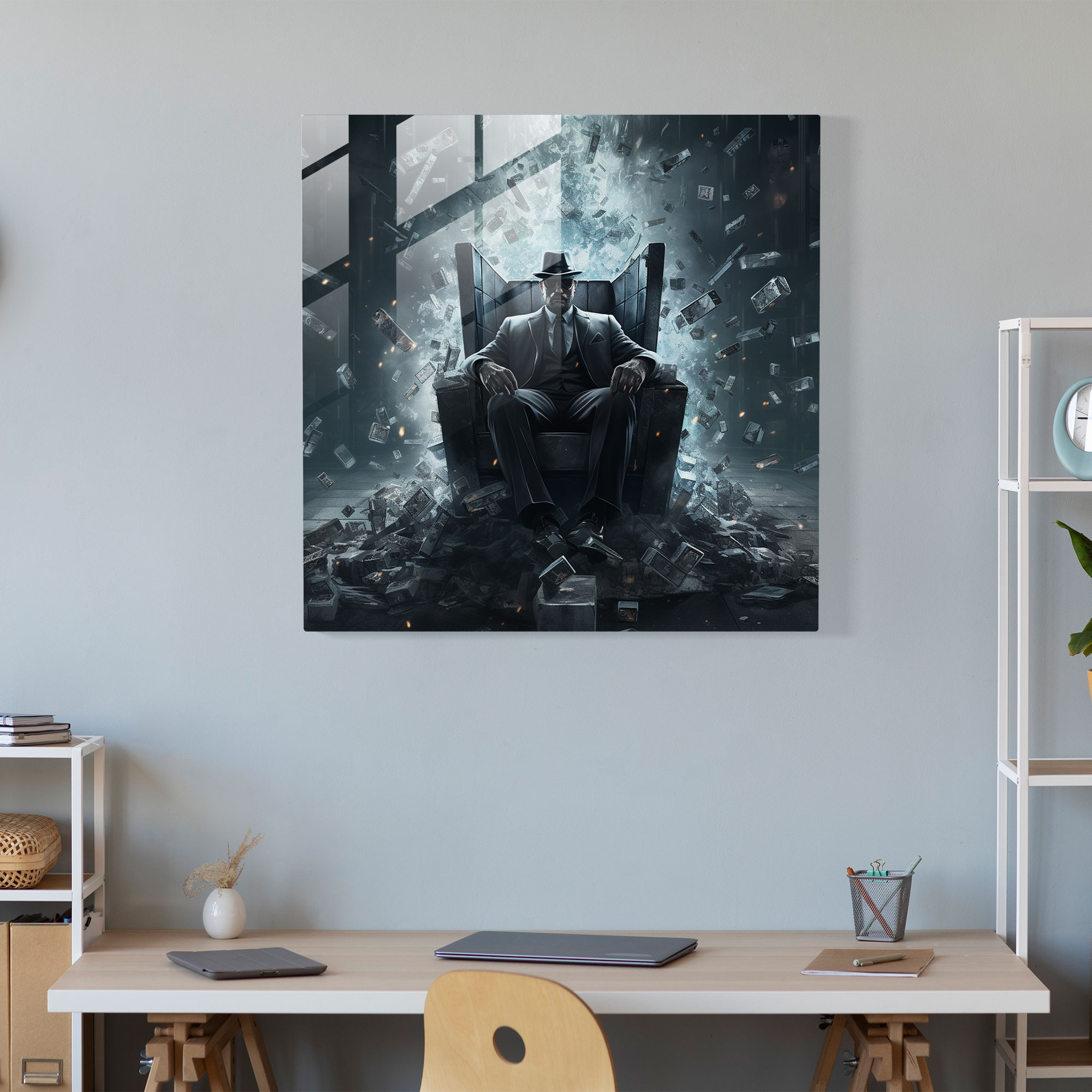 Transcendent Reflections - Glass Print of Mafia Boss on Shattered Glass Throne - Surreal Wall Decoration - Home Decoration, Glass Art, Wall Decor, Glass Prints