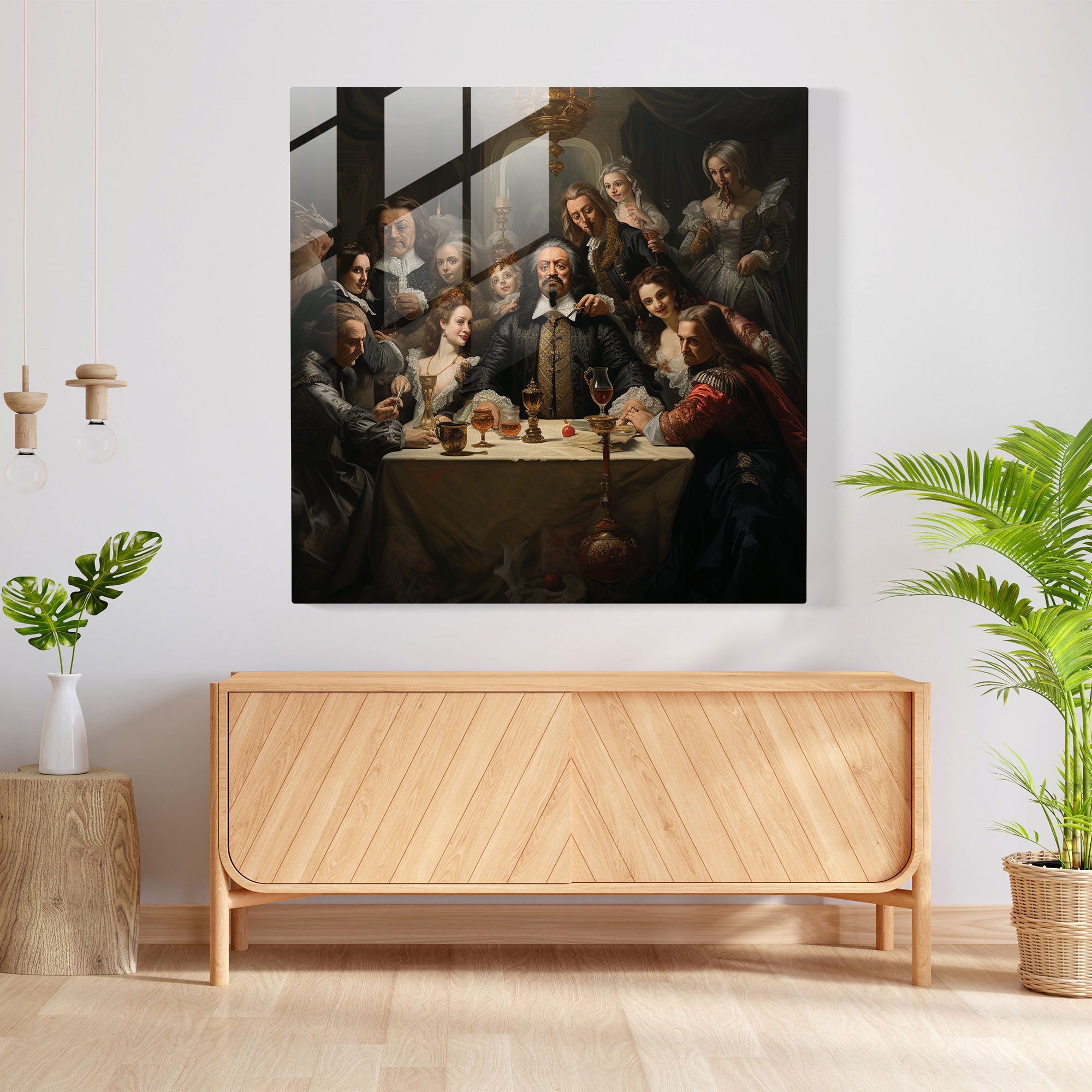 Regal Dynasties - Glass Print of Mafia Family Around Grand Table - Baroque-Style Painting - Wall Decoration, Glass Prints, Home Decoration