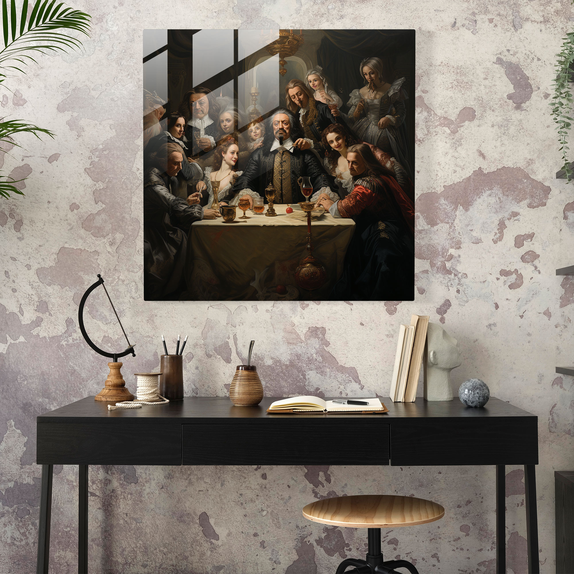 Regal Dynasties - Glass Print of Mafia Family Around Grand Table - Baroque-Style Painting - Wall Decoration, Glass Prints, Home Decoration