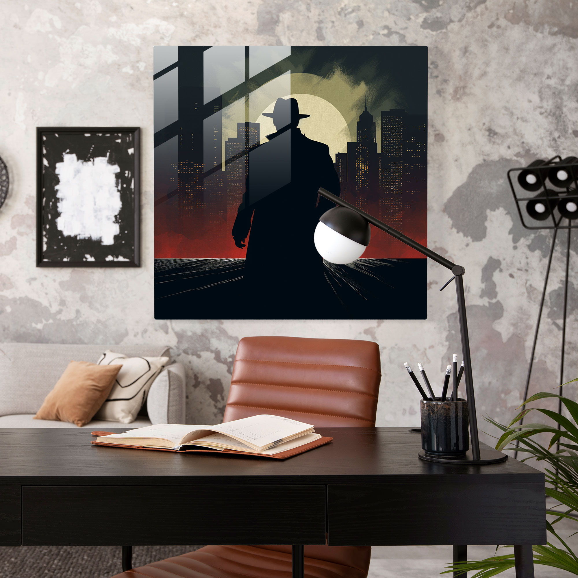 Urban Allure - Glass Print of Mobster Silhouette Against City Skyscrapers - Minimalist Graphic Illustration - Home Decoration, Wall Decor, Glass Prints