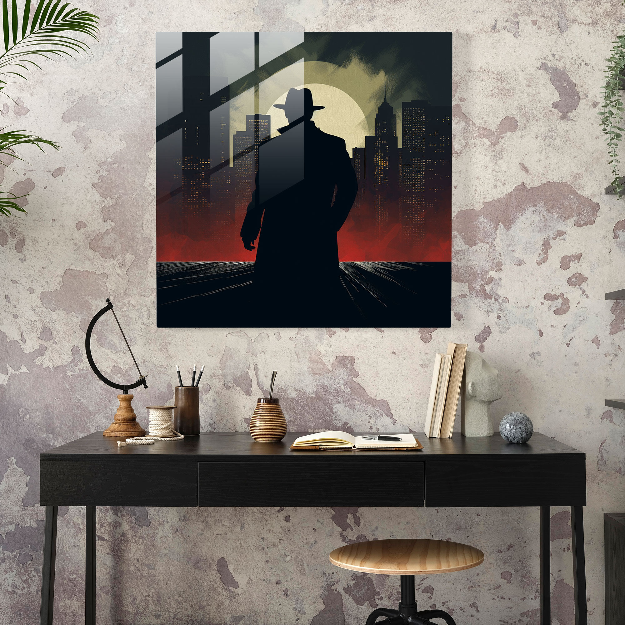 Urban Allure - Glass Print of Mobster Silhouette Against City Skyscrapers - Minimalist Graphic Illustration - Home Decoration, Wall Decor, Glass Prints
