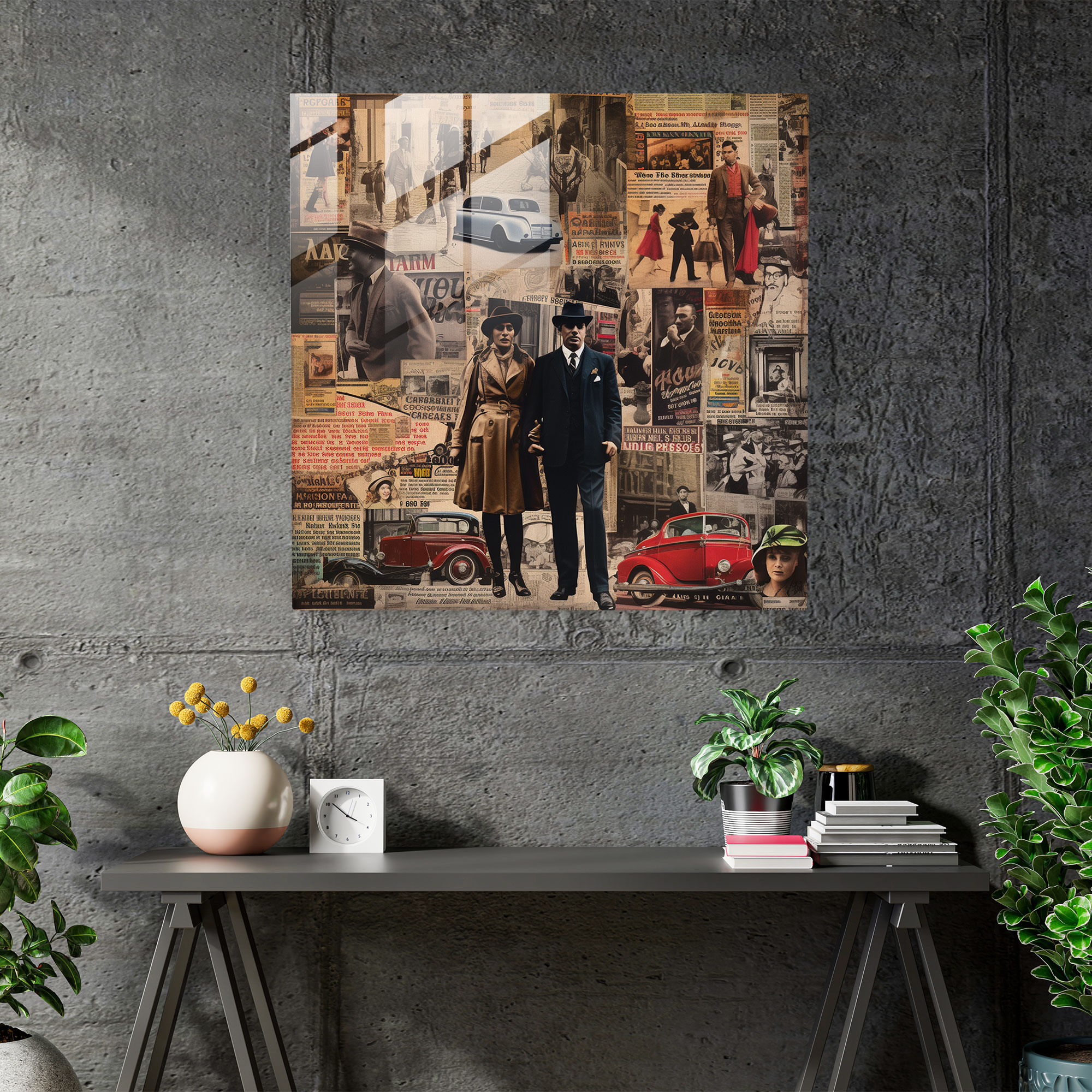 Chronicles Unveiled - Glass Print of Mixed Media Mob Collage - Newspaper Clippings and Vintage Photographs - Wall Decoration, Glass Art, Home Decoration