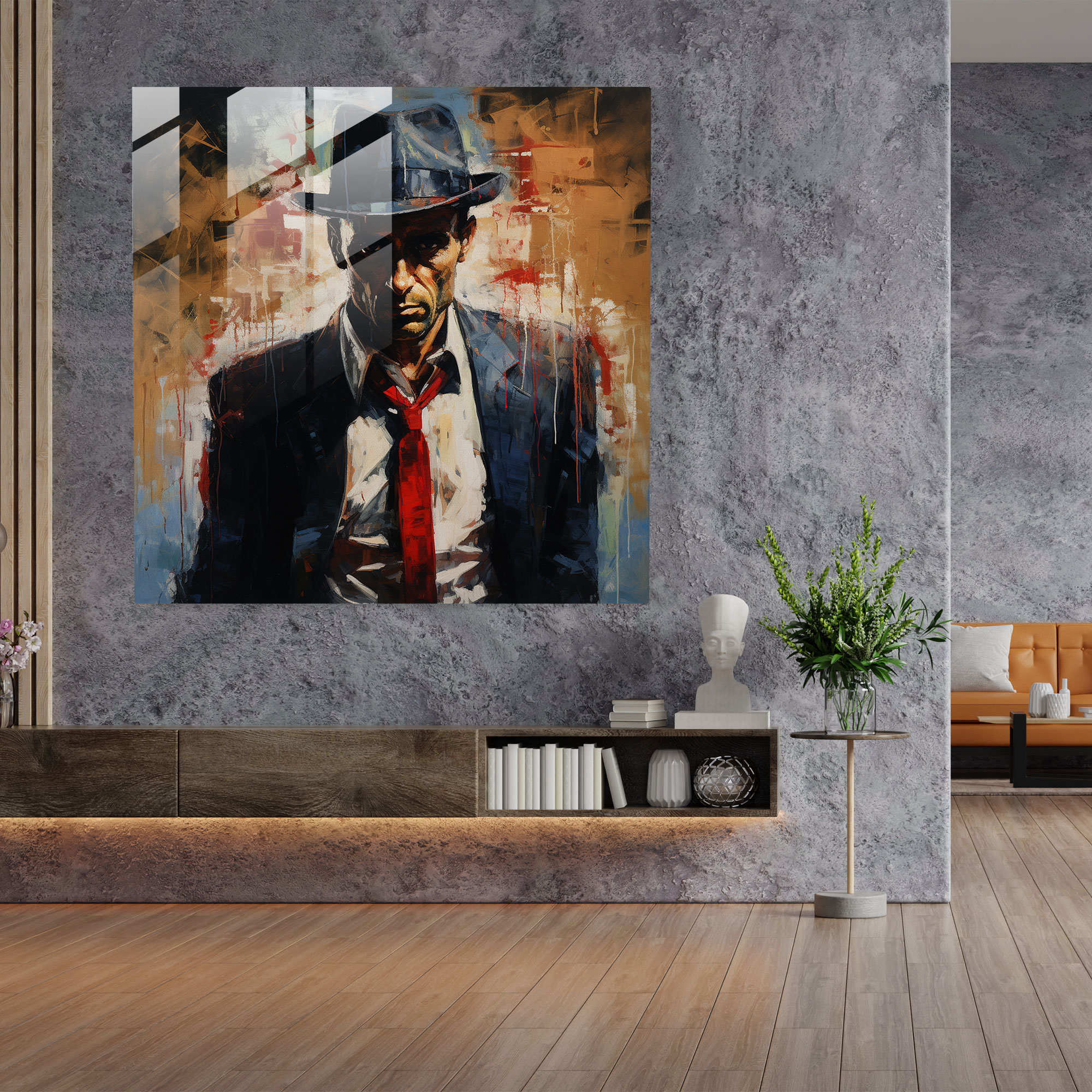 Intense Neo-Expressionist Glass Print Wall Art - Portrait of a Mobster capturing Raw Intensity and Inner Turmoil - High Quality Glass Printing - Home Decoration, Wall Decor, Glass Art, Modern Art Work