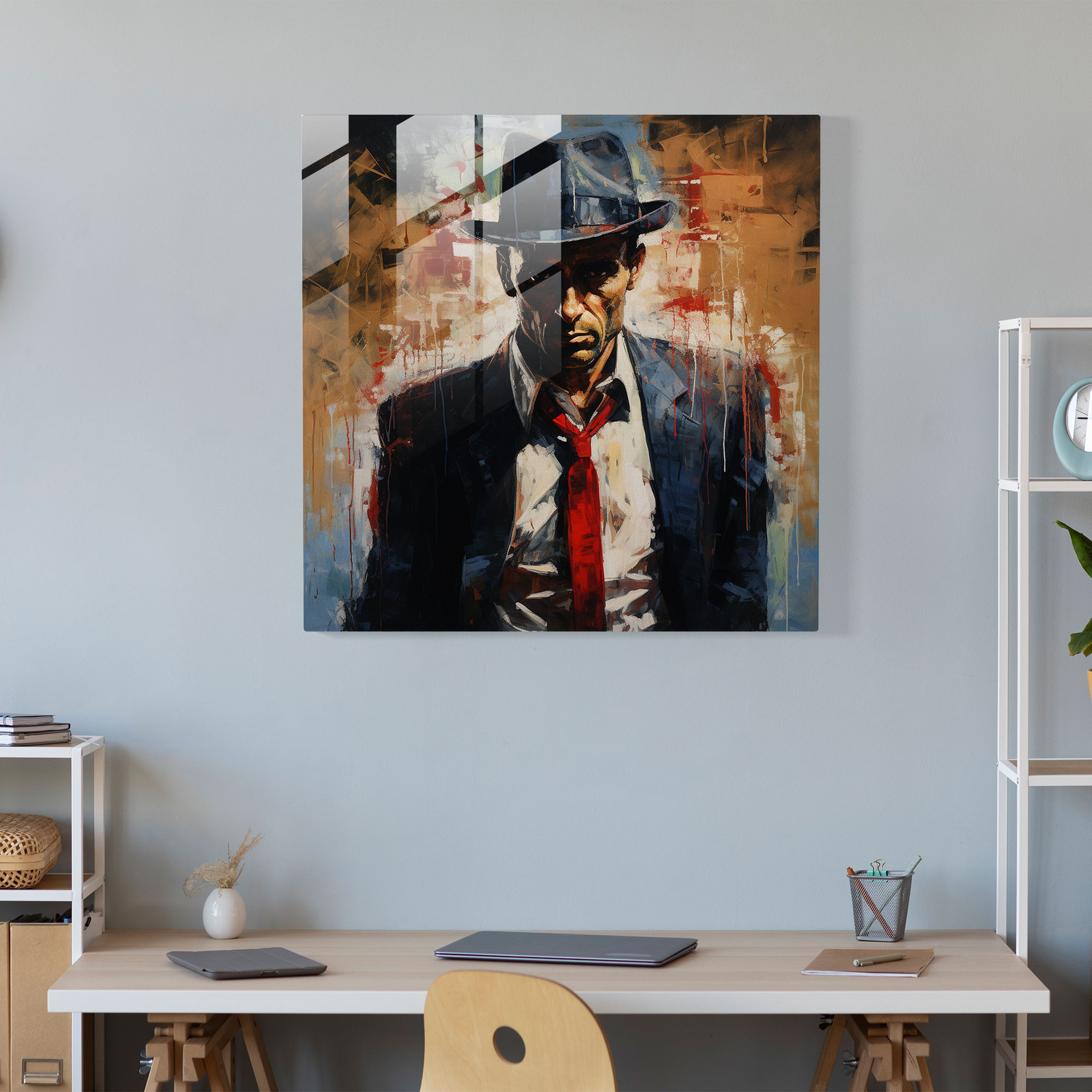 Intense Neo-Expressionist Glass Print Wall Art - Portrait of a Mobster capturing Raw Intensity and Inner Turmoil - High Quality Glass Printing - Home Decoration, Wall Decor, Glass Art, Modern Art Work