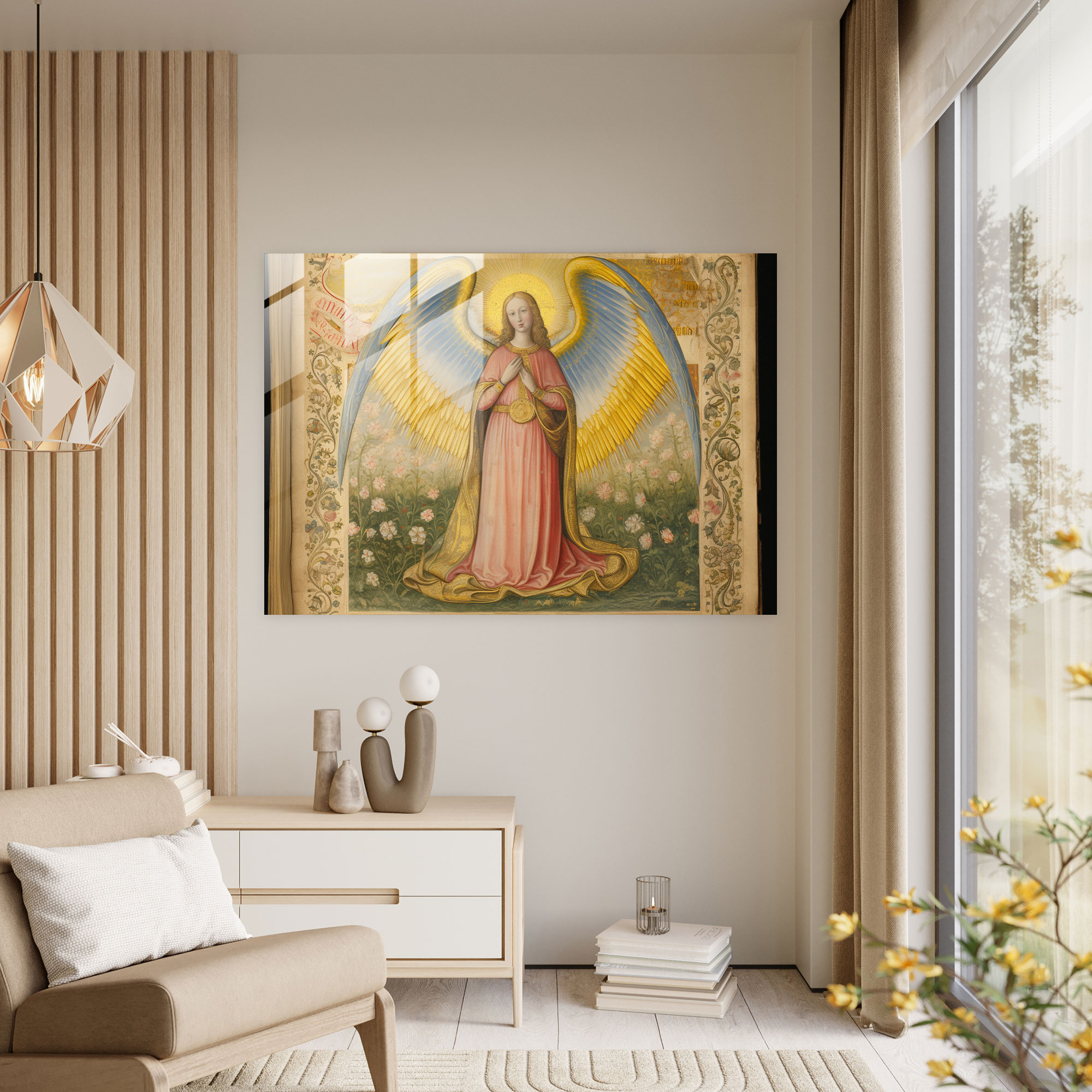Medieval Angel Glass Print - Medieval, Modern Art, Medieval Manuscript Illumination, Ethereal Light