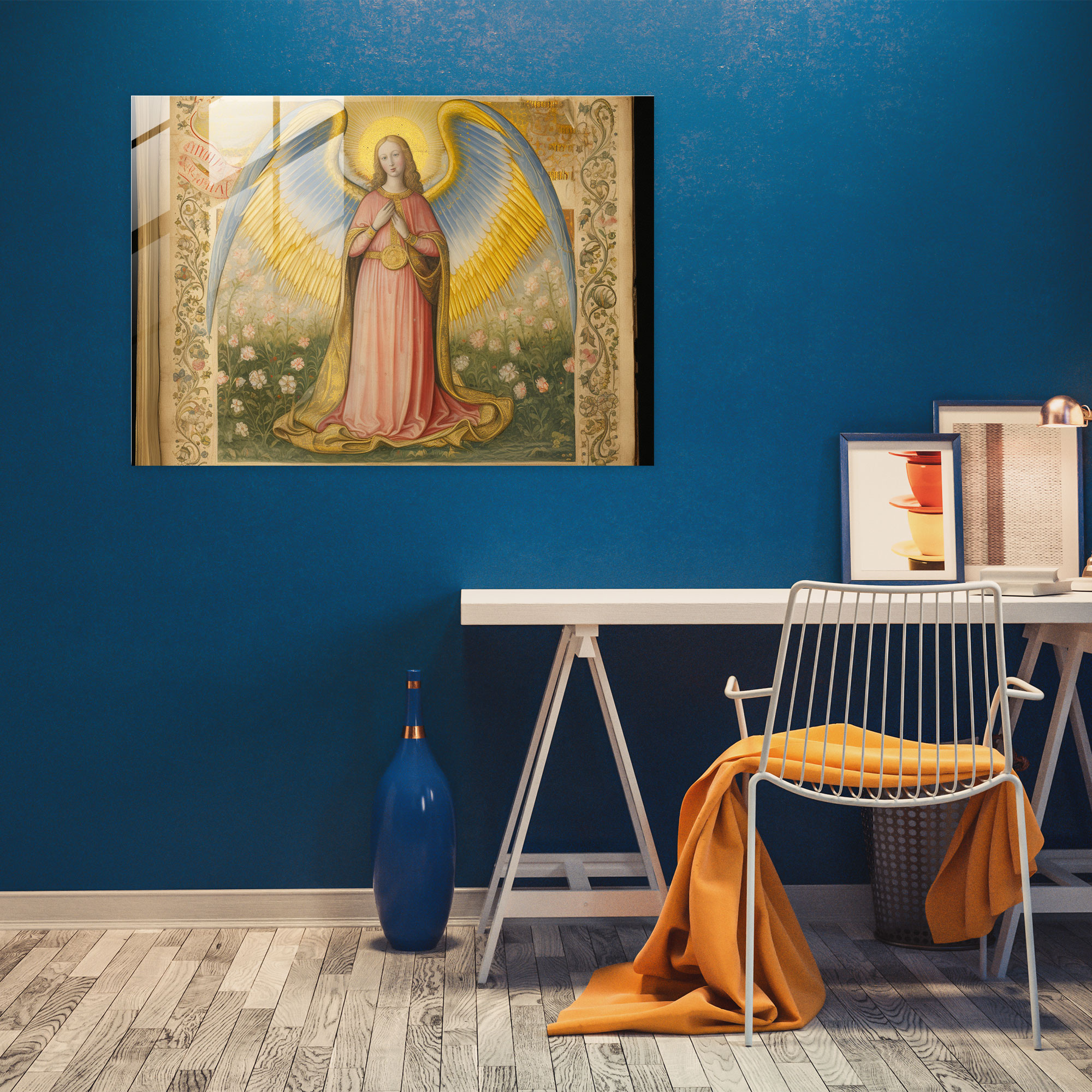 Medieval Angel Glass Print - Medieval, Modern Art, Medieval Manuscript Illumination, Ethereal Light