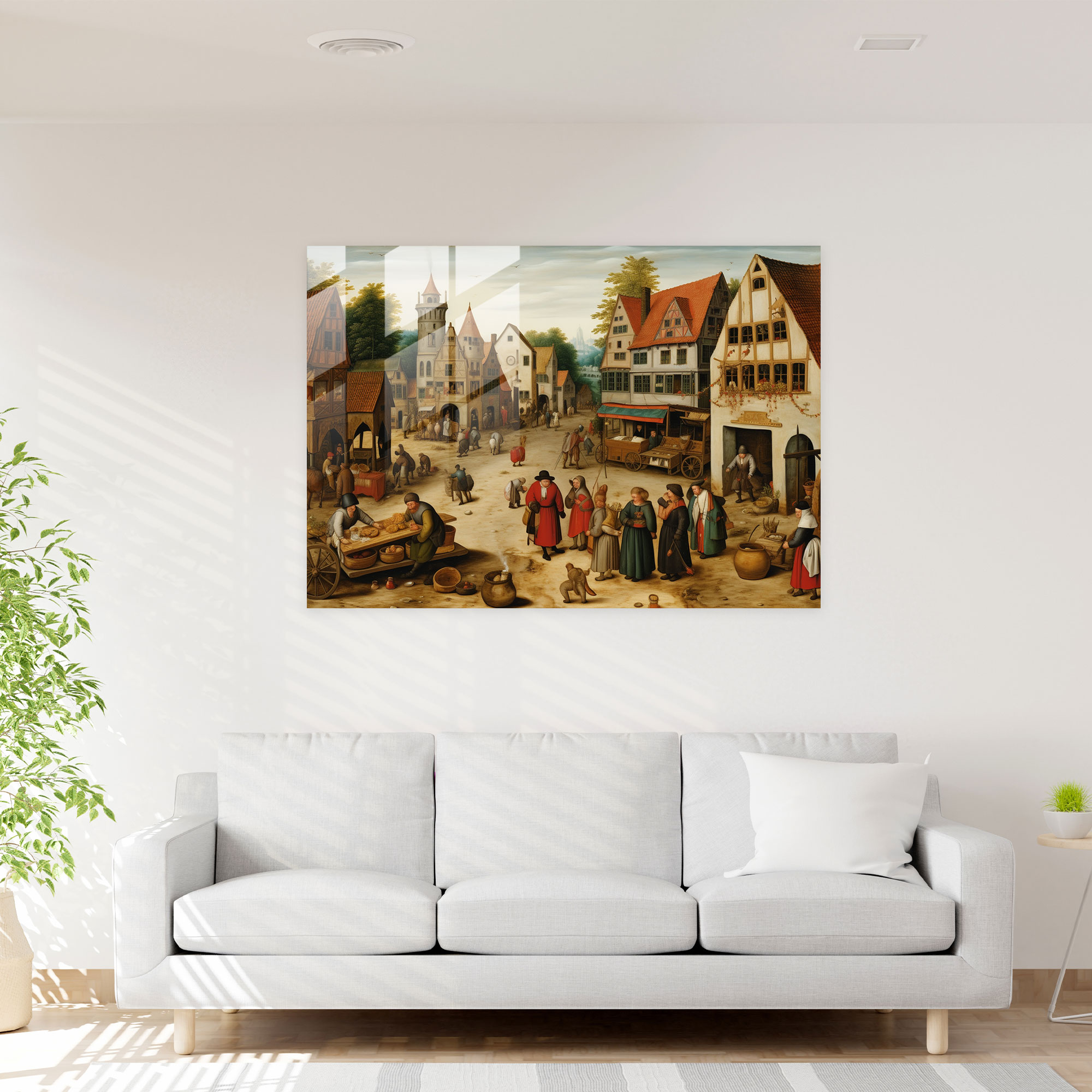 Ortaçağ Cam Tablosu - Kalabalık Pazar - Ortaçağ Modern Sanat Cam Duvar Sanatı Günlük Aktiviteler