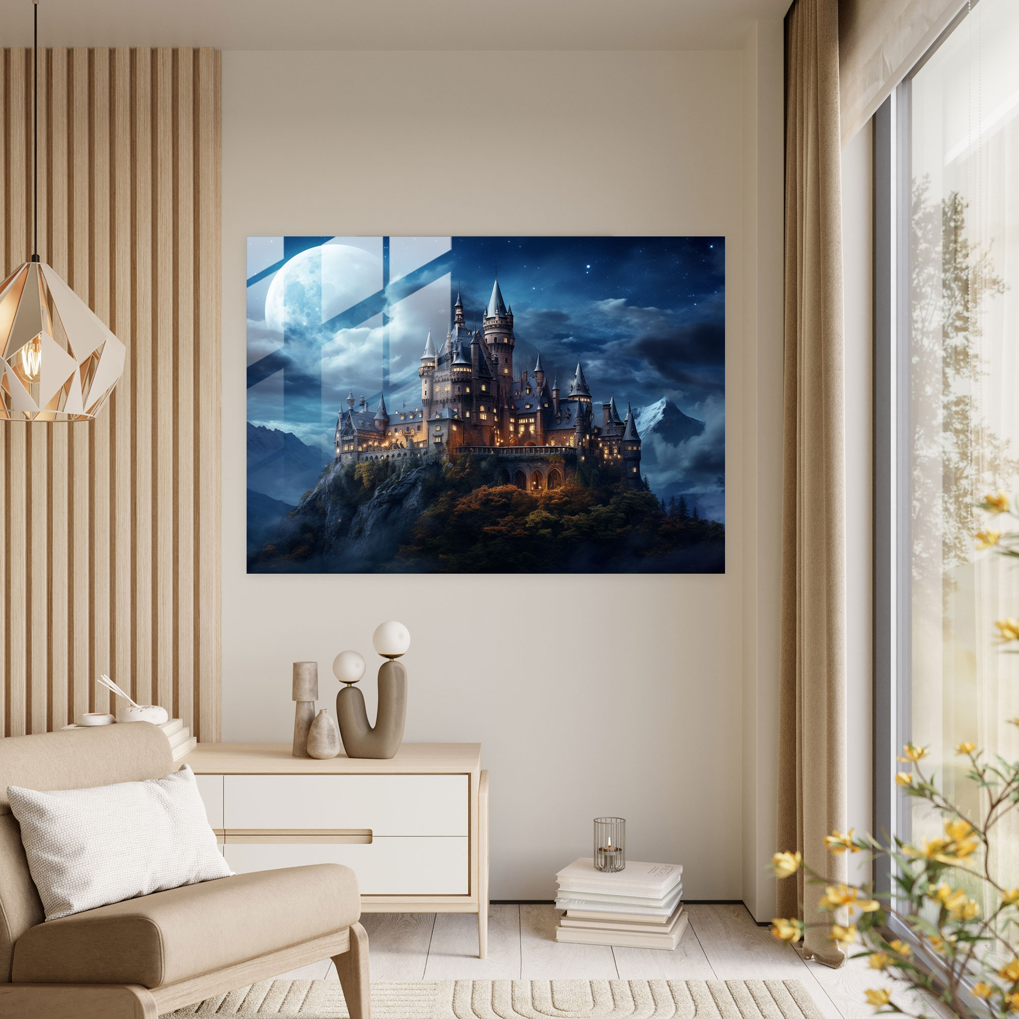 Orta Çağ Kale Cam Tablo Sanatı - Orta Çağ Kale Yıldızlı Gökyüzü Modern Sanat
