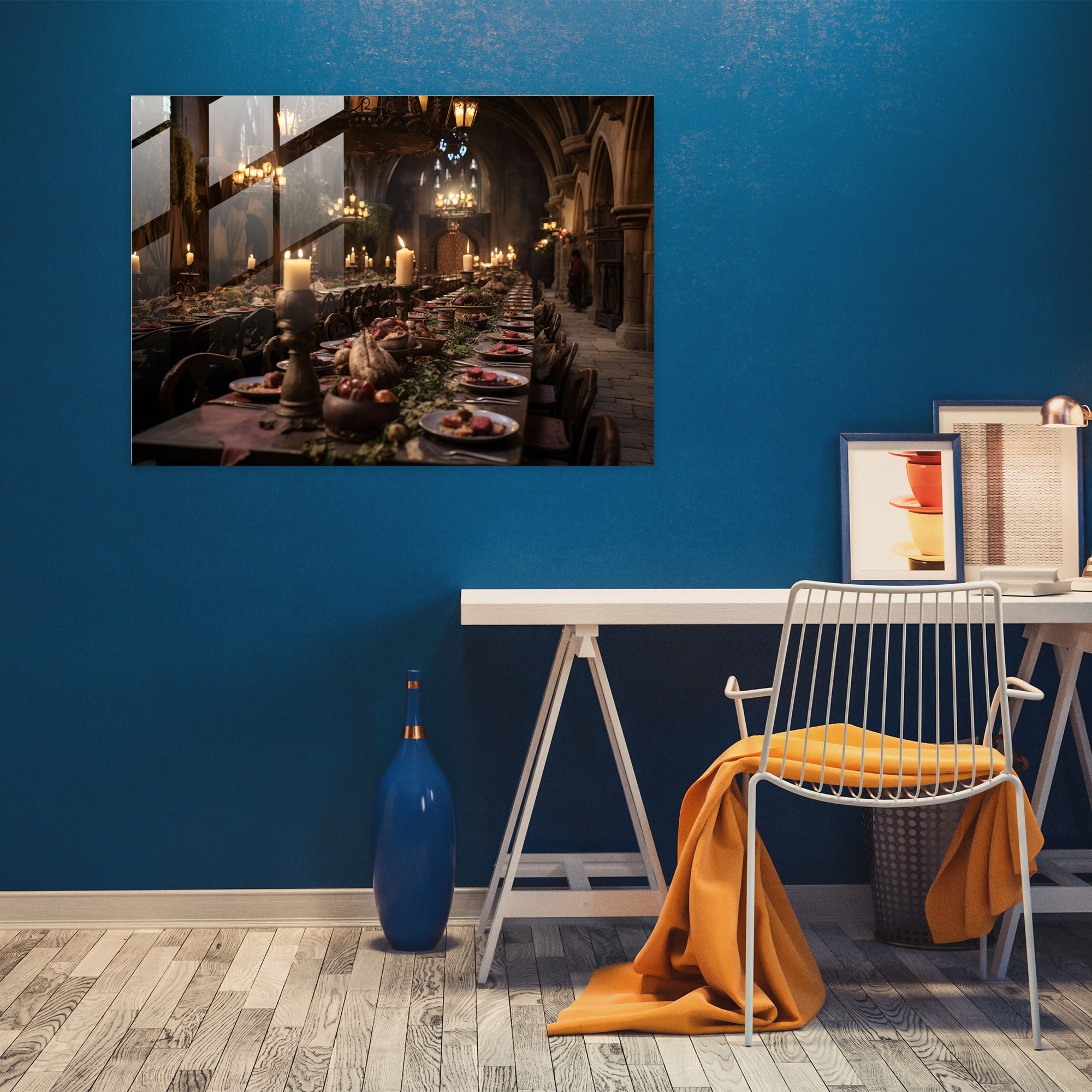 Medieval Feast Glass Print - Medieval, Long Table, Glass Print, Chandeliers