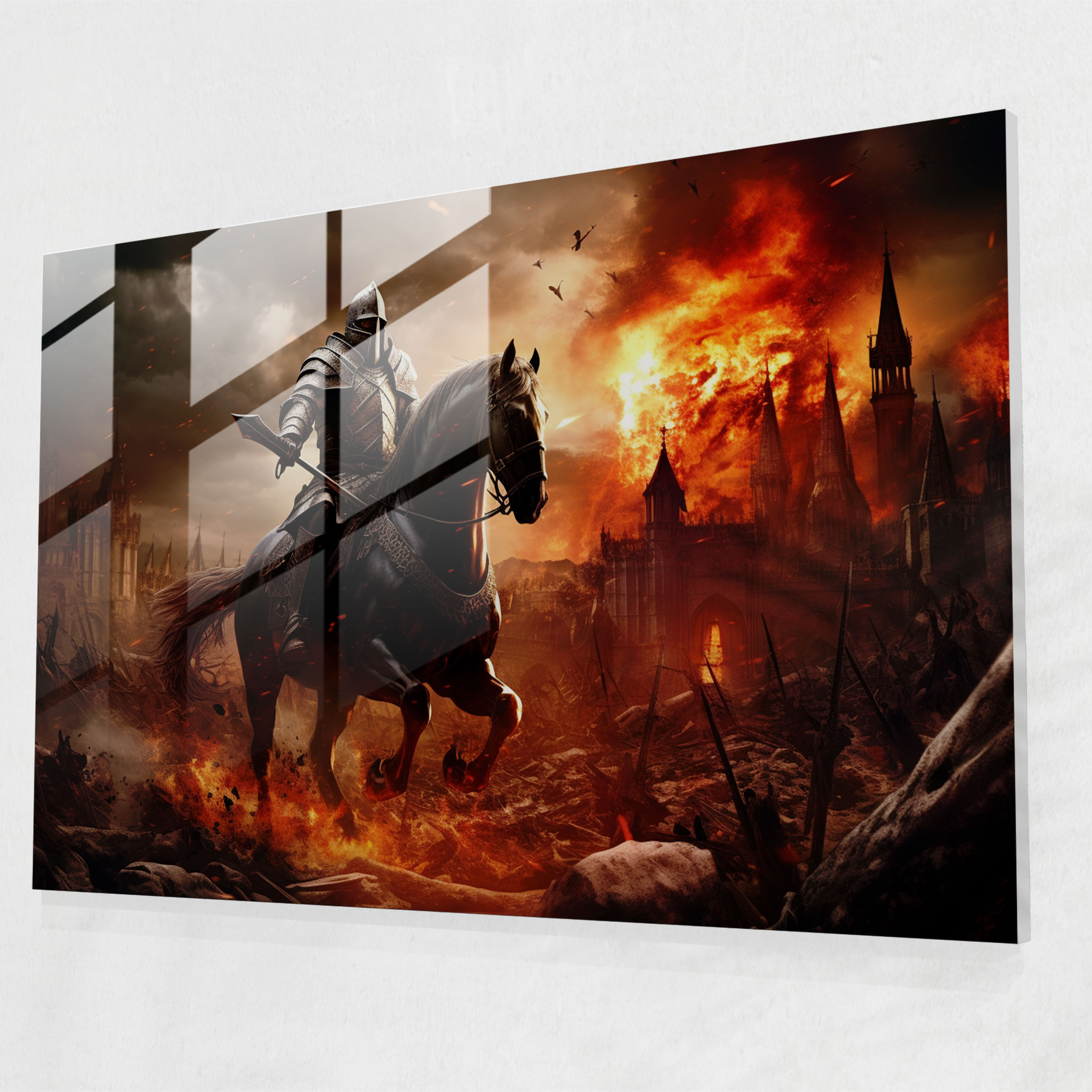 Medieval Knight Battleground Glass Print - Medieval, Fire, Medieval, Wall Decoration